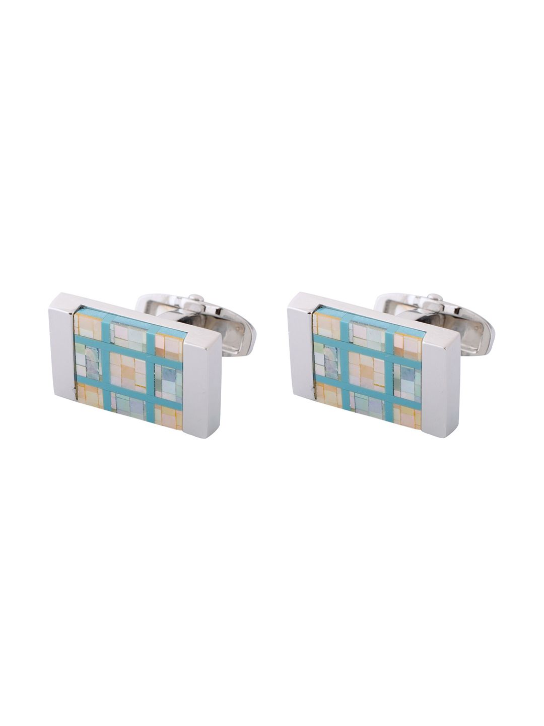 The Tie Hub Men Blue & Silver-Toned Checkered MOP Rectangular Cufflinks-picture-51