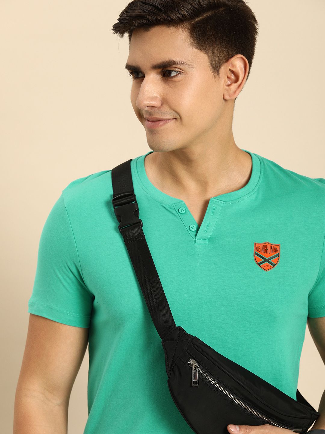 Being Human Clothing Men Pure Cotton Henley Neck Applique T-shirt