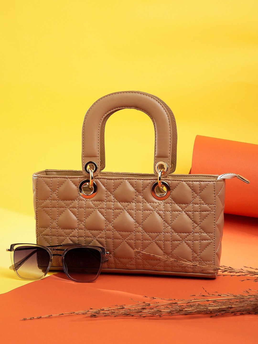 Berrylush Beige Textured Structured Handheld Bag with Quilted-picture-33