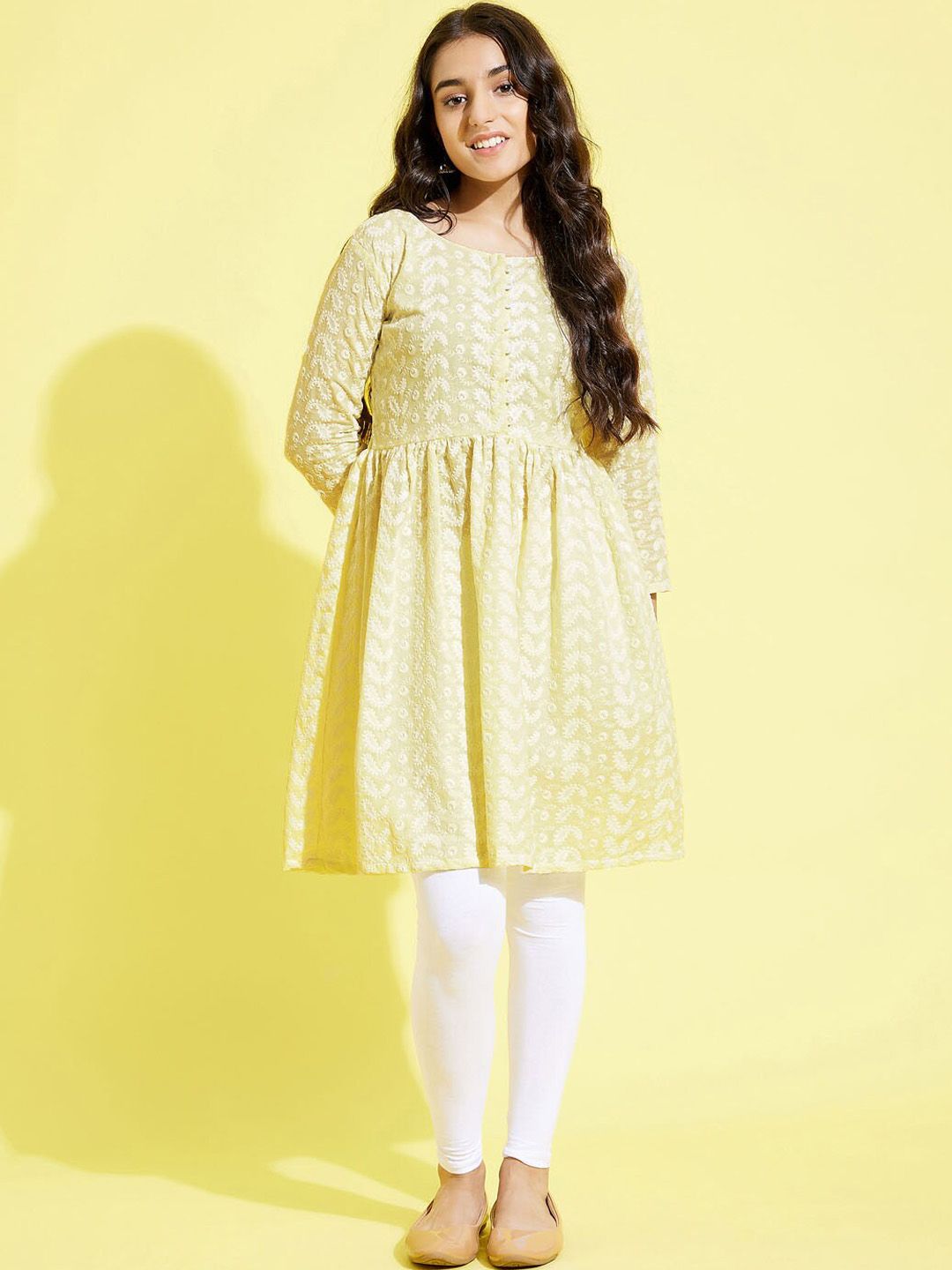 VASTRAMAY Girls Yellow Ethnic Motifs Printed Empire Pure Cotton Kurti-picture-15