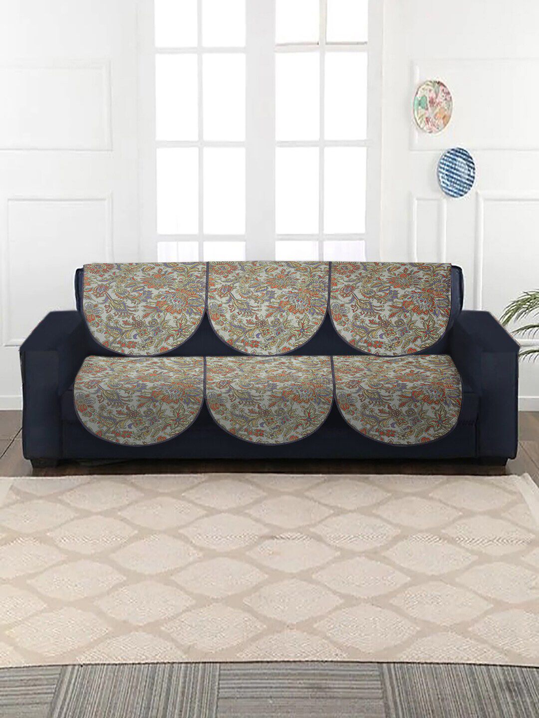 MULTITEX 5 Seater Grey & Yellow Printed Velvet Sofa Covers-image-16
