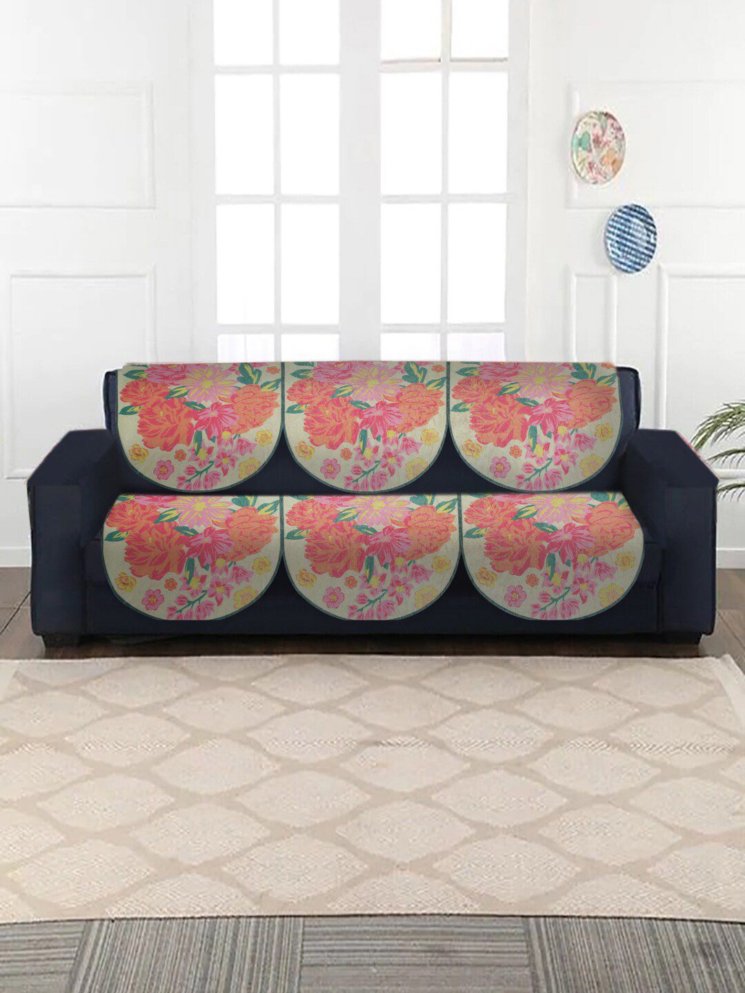 MULTITEX Beige & Pink 5 Seater Printed Sofa Covers-image-34