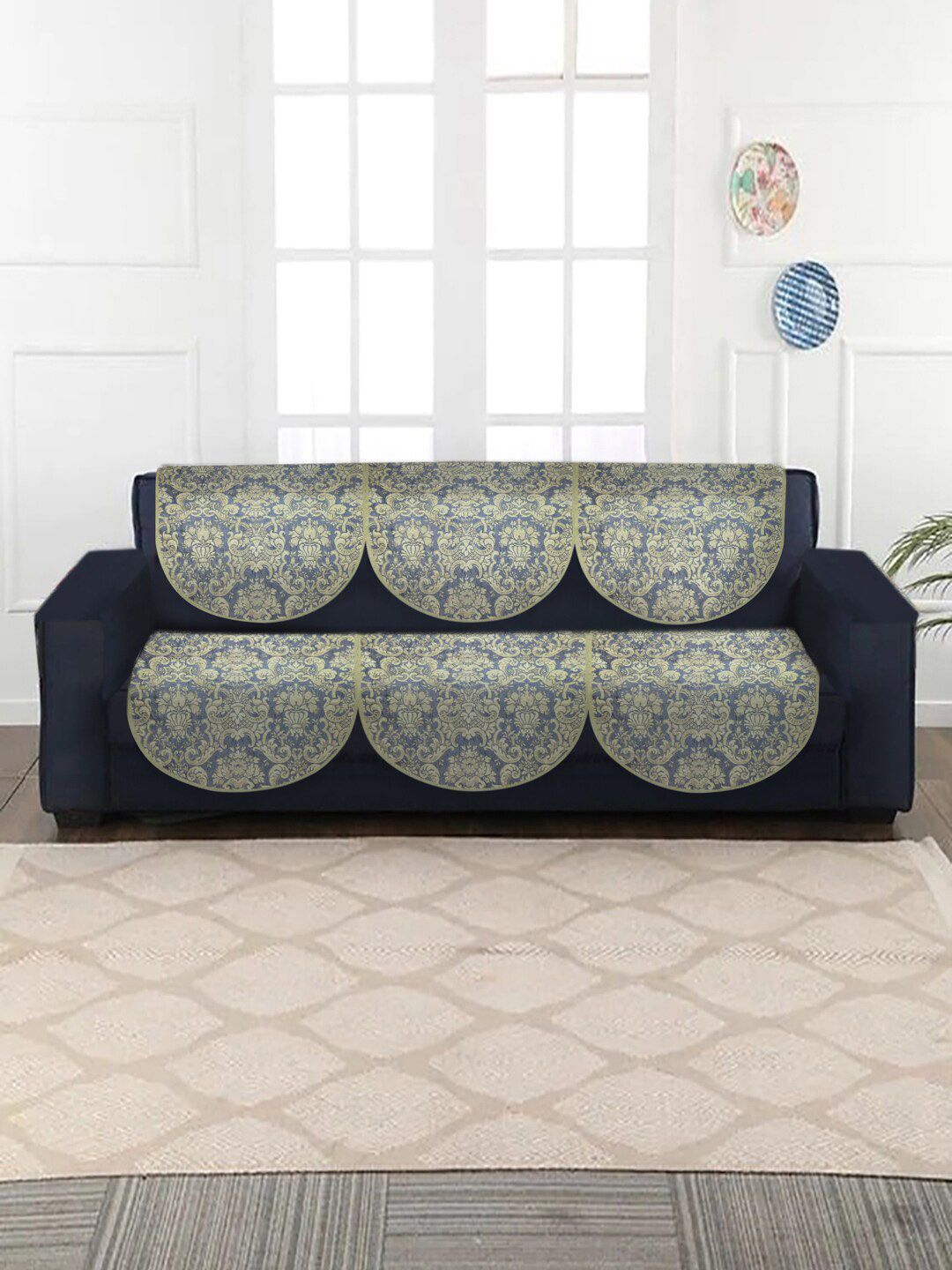 MULTITEX Blue & Beige 5 Seater Printed Sofa Covers-picture-35