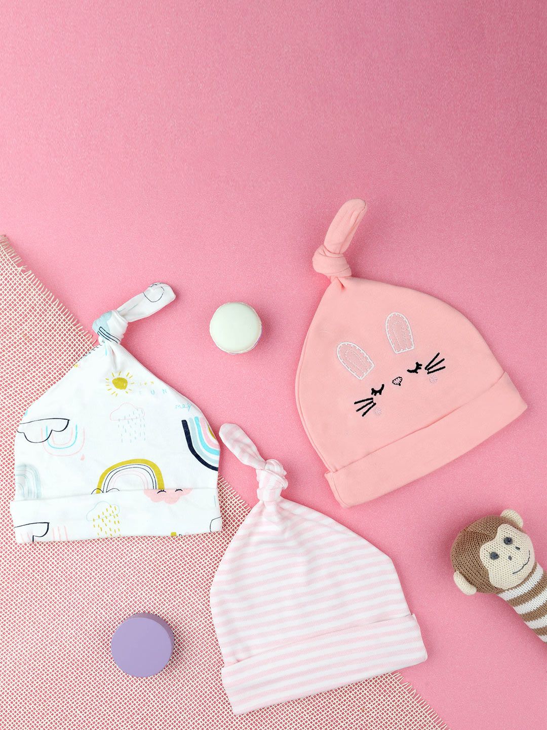 KICKS & CRAWL Girls Pack of 3 Pink & White Printed Cotton Beanie-picture-32