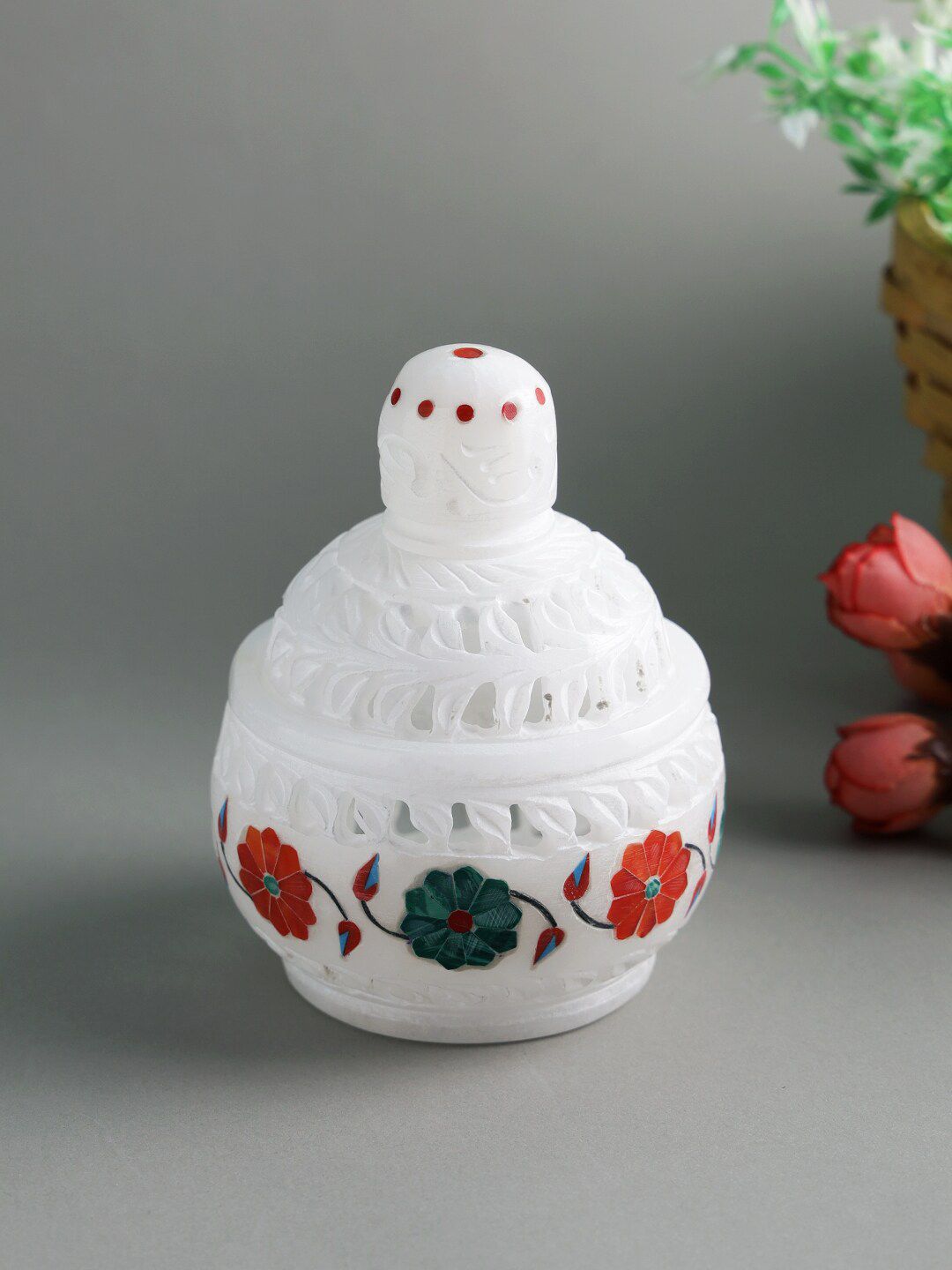 Aapno Rajasthan White Self Design Matki Shape Marble Organisers-picture-25