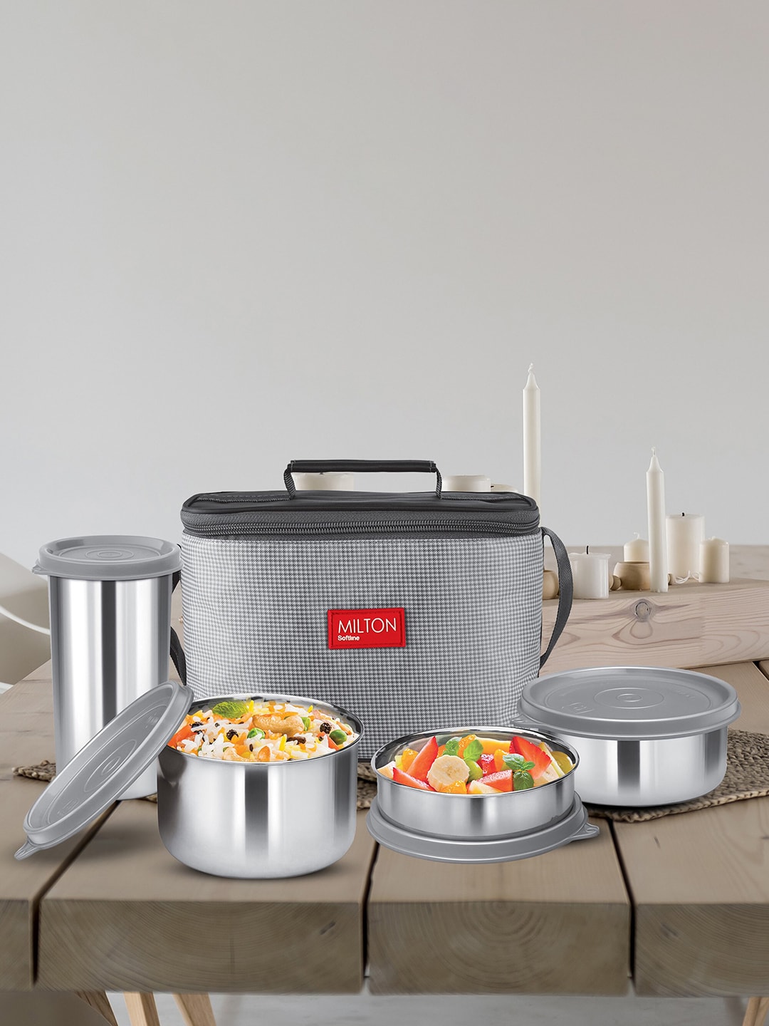 Milton Delicious Combo Grey Set of 4 Stainless Steel Insulated Tiffin