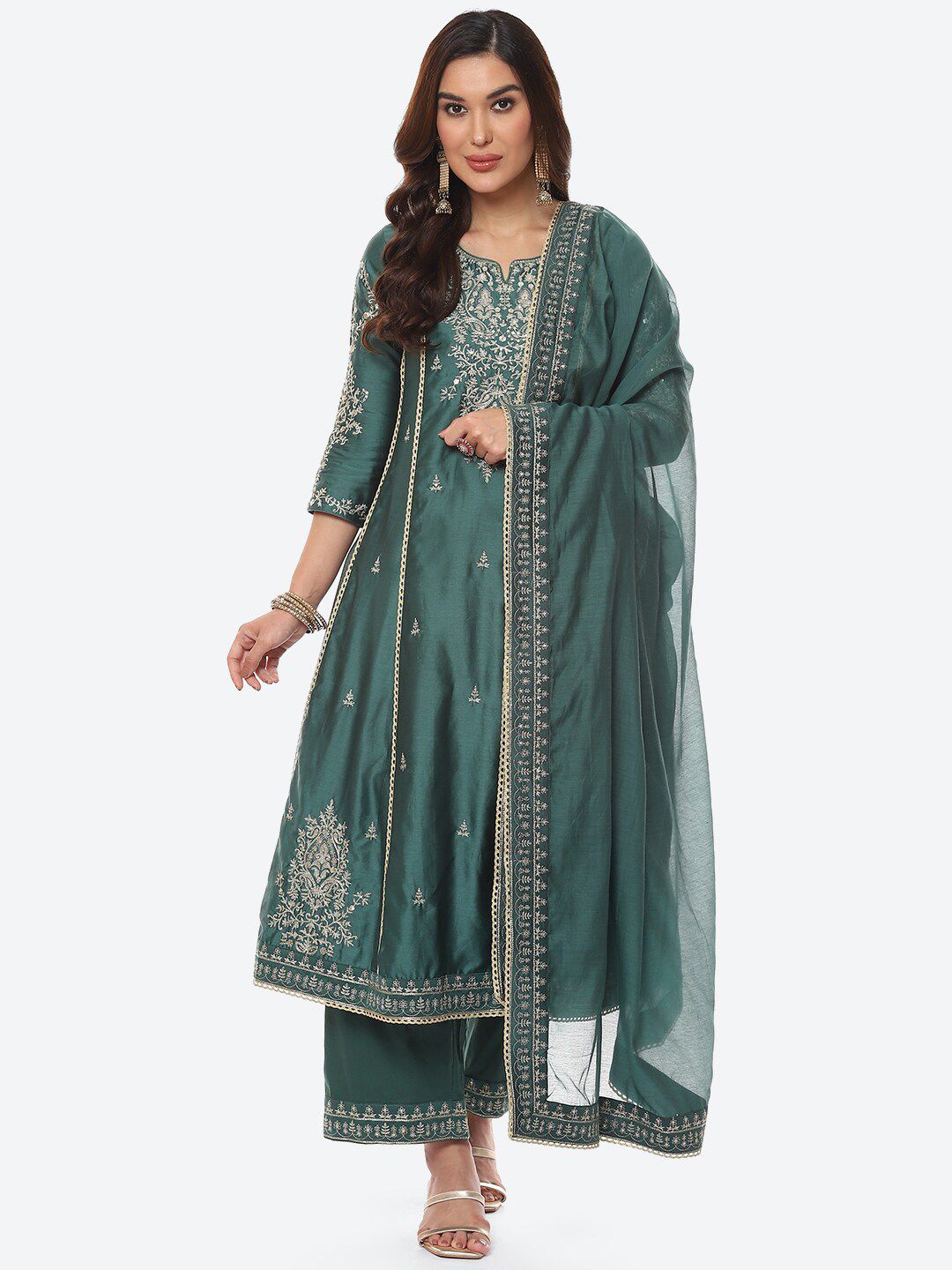 Biba Women Green Floral Embroidered Panelled Thread Work Chanderi Silk Kurta with Trousers & With Dupatta-picture-16