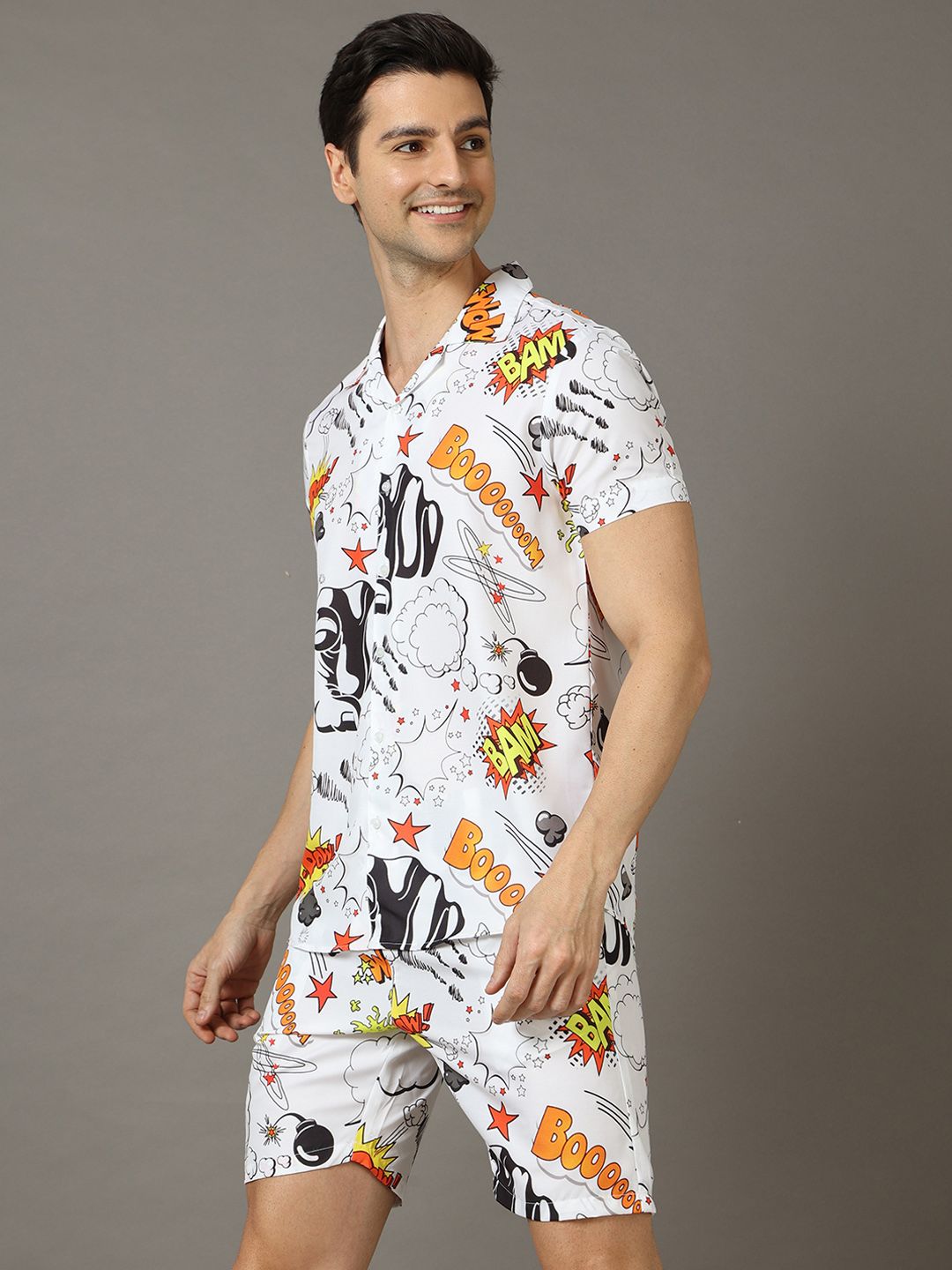 Bushirt Men White & Orange Printed Night suit-picture-14