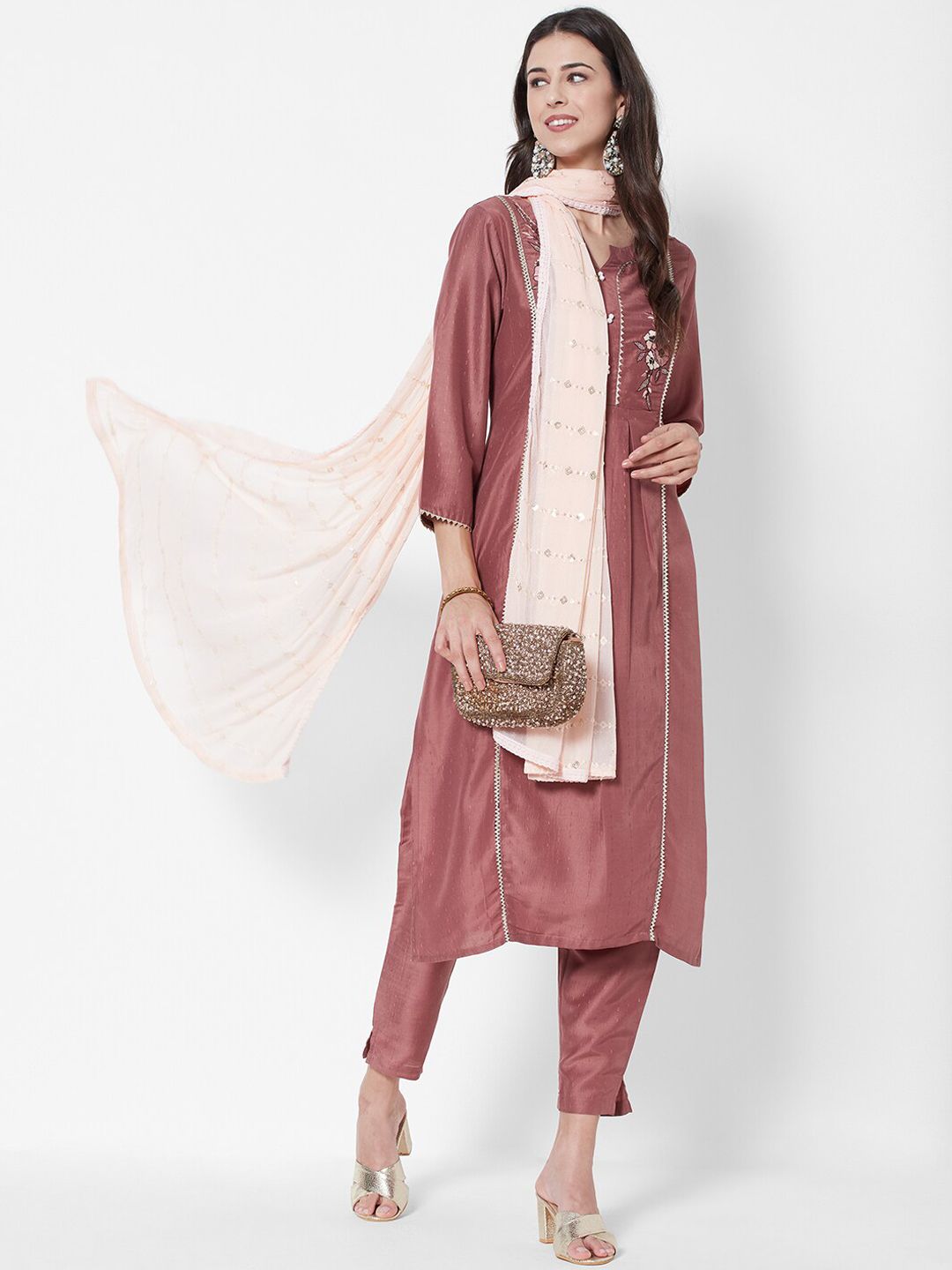 Peach-Coloured Floral Embroidered Thread Work Straight Kurta With Palazzos