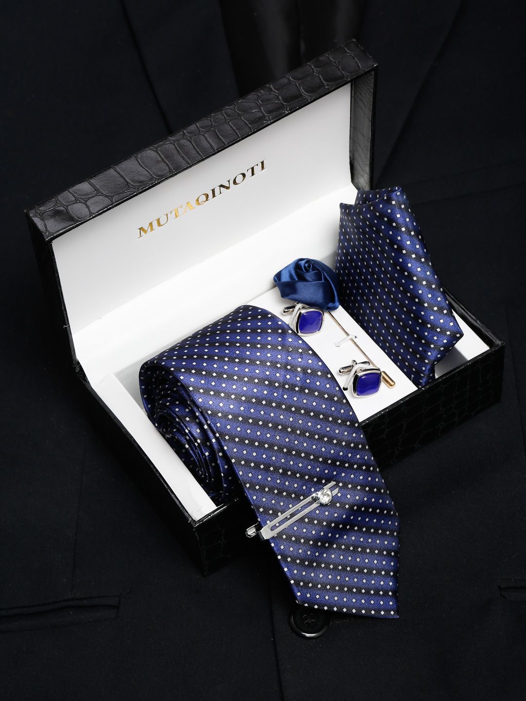 MUTAQINOTI Men Contrast Blue Silk Blend Necktie Accessory Gift Set-picture-49