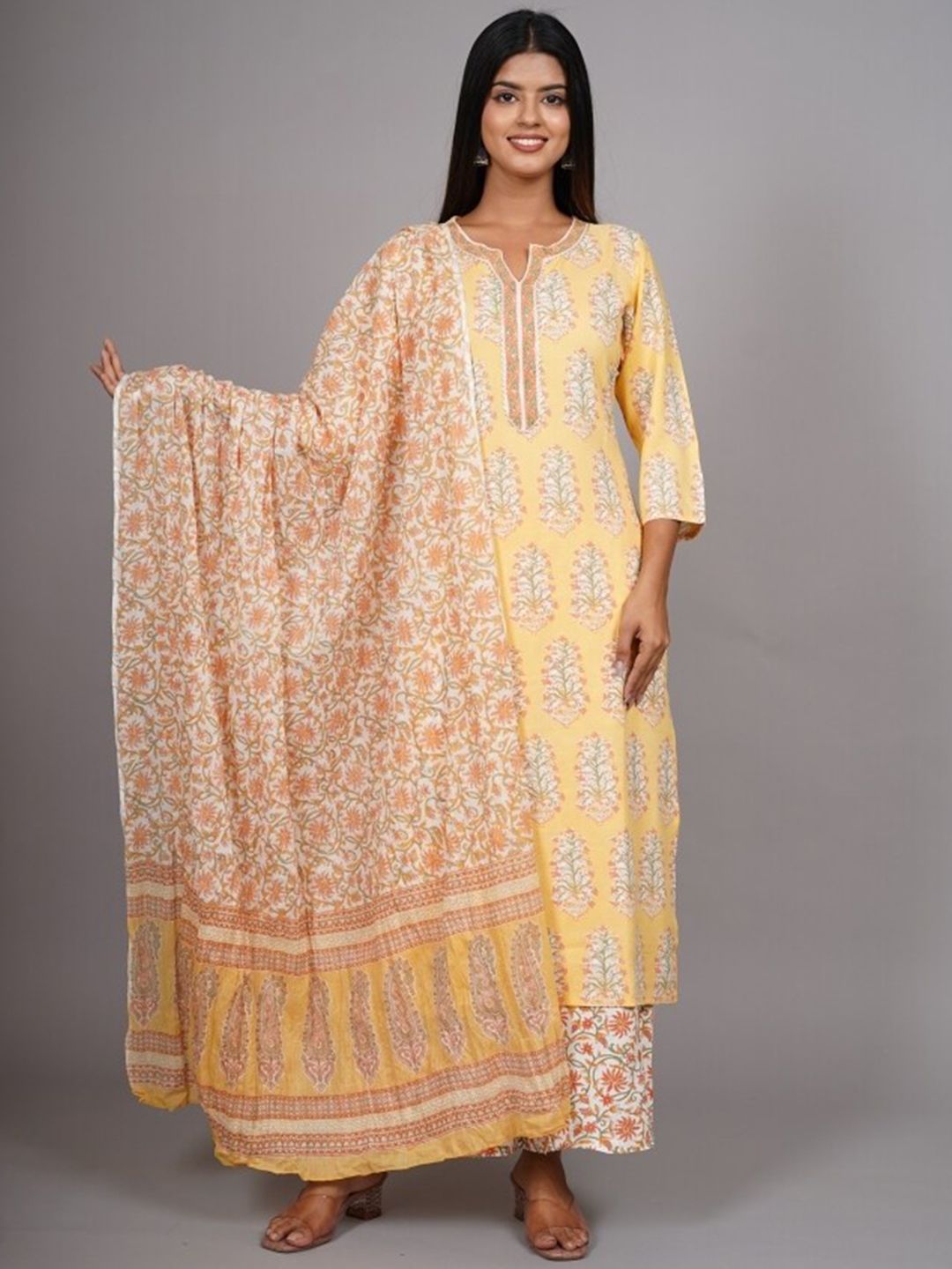 HERE&NOW Women Yellow Floral Printed Thread Work Kurta with Palazzos & With Dupatta-picture-45
