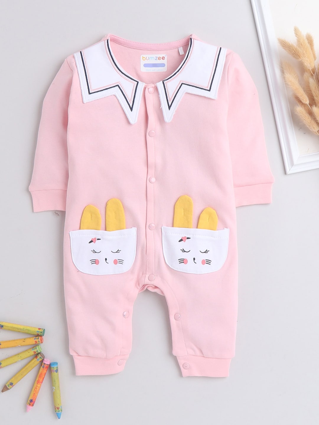 BUMZEE Girls Pink & White Colourblocked Cotton Rompers