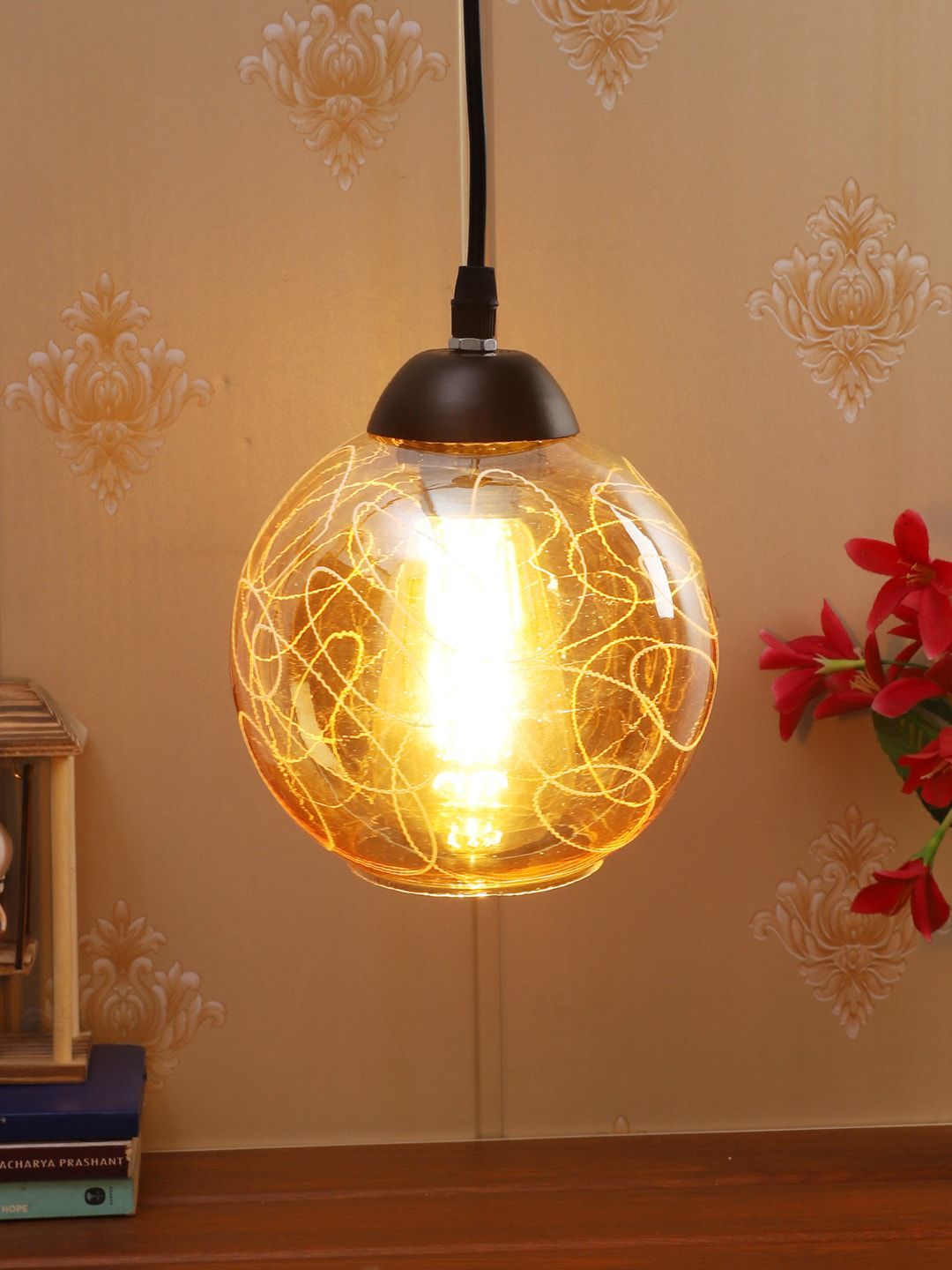 foziq Gold-Toned & Black Printed Spherical Ceiling Lamp-image-24