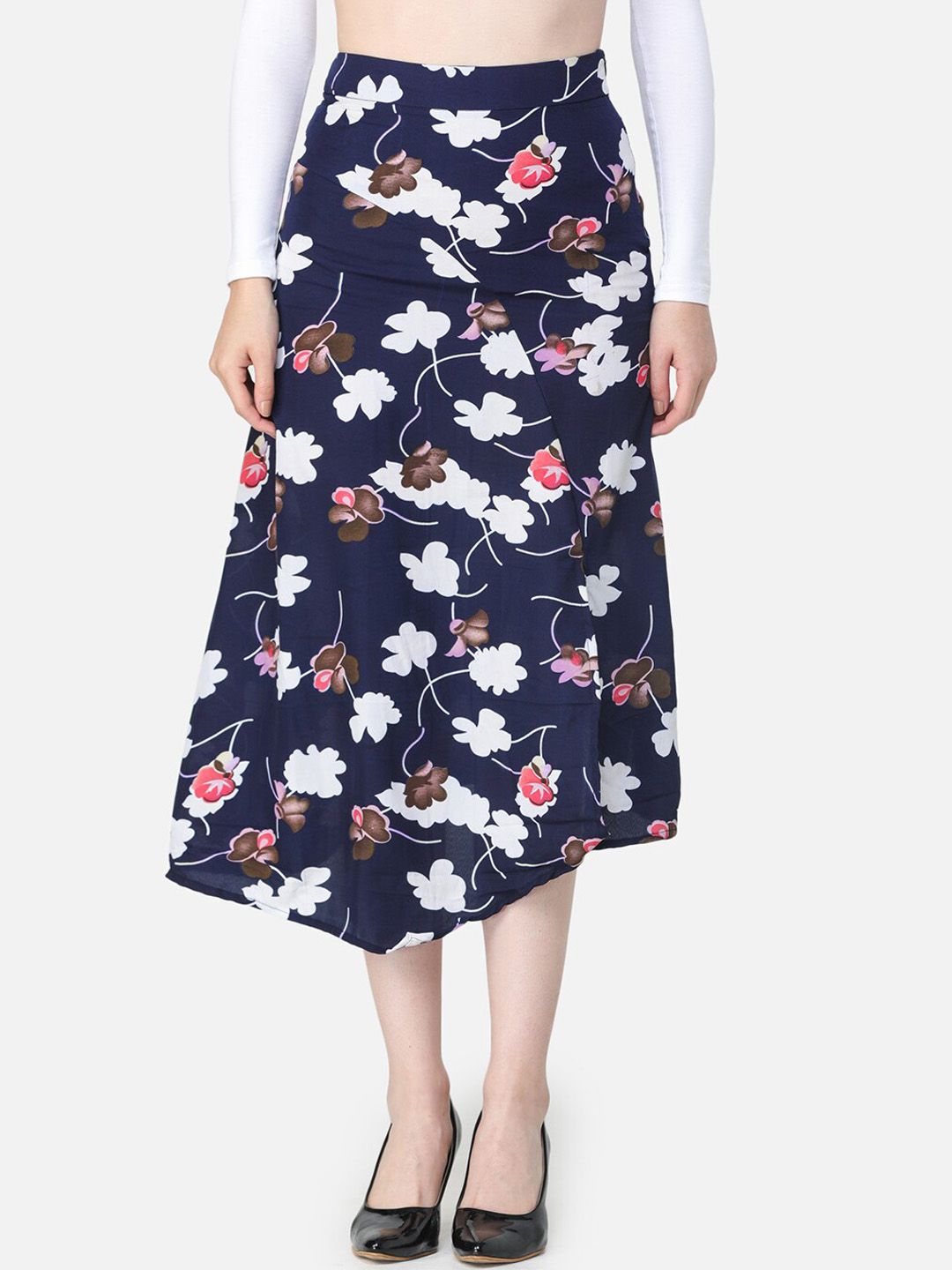 SCORPIUS Women Navy Blue Floral Printed A Line Skirt-picture-19