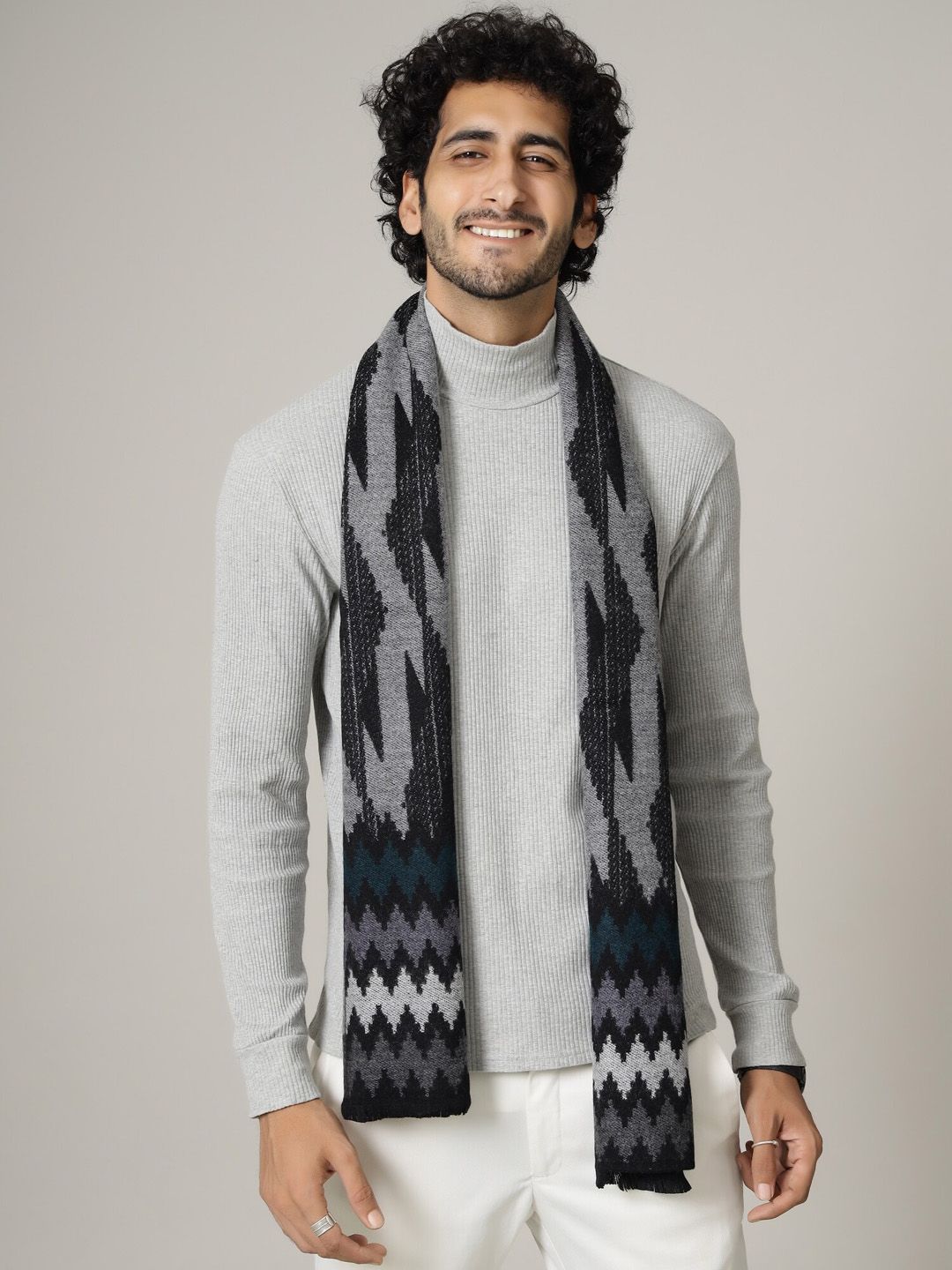 HANDICRAFT PALACE Men Grey & black Self-Design Mufflers-picture-34