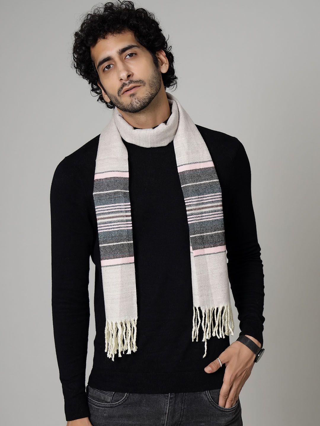 HANDICRAFT PALACE Men Grey Purple Striped Woven Design  Muffler-image-37