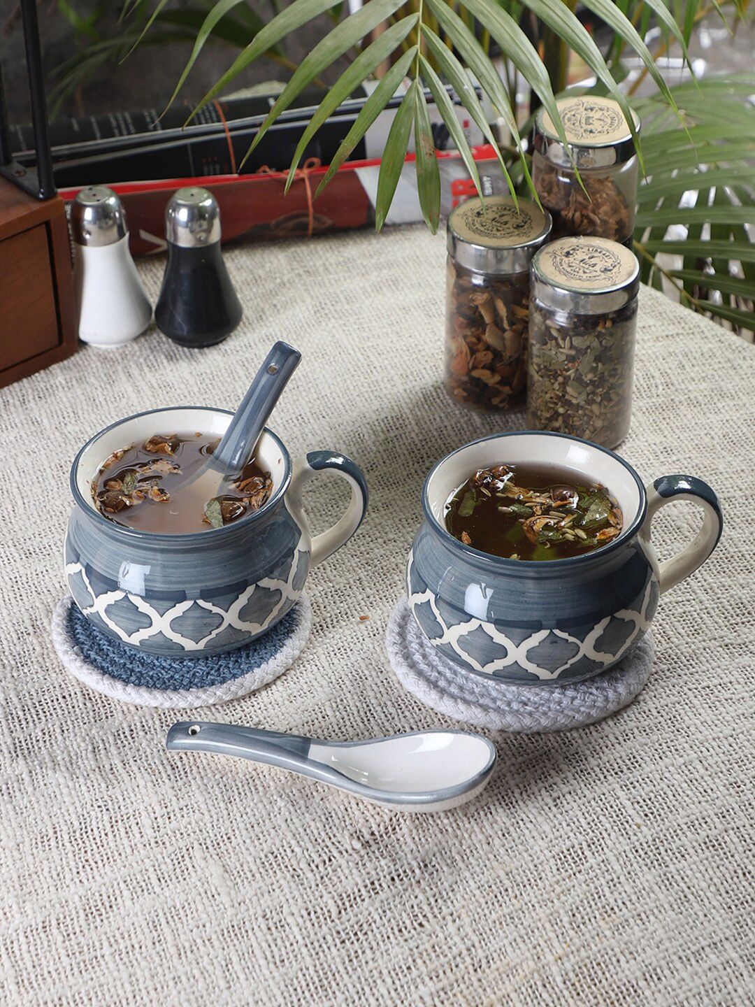 CDI Grey & White Set of 2 Dishwasher And Microwave Safe Ceramic Matte Cups & Spoons-image-27