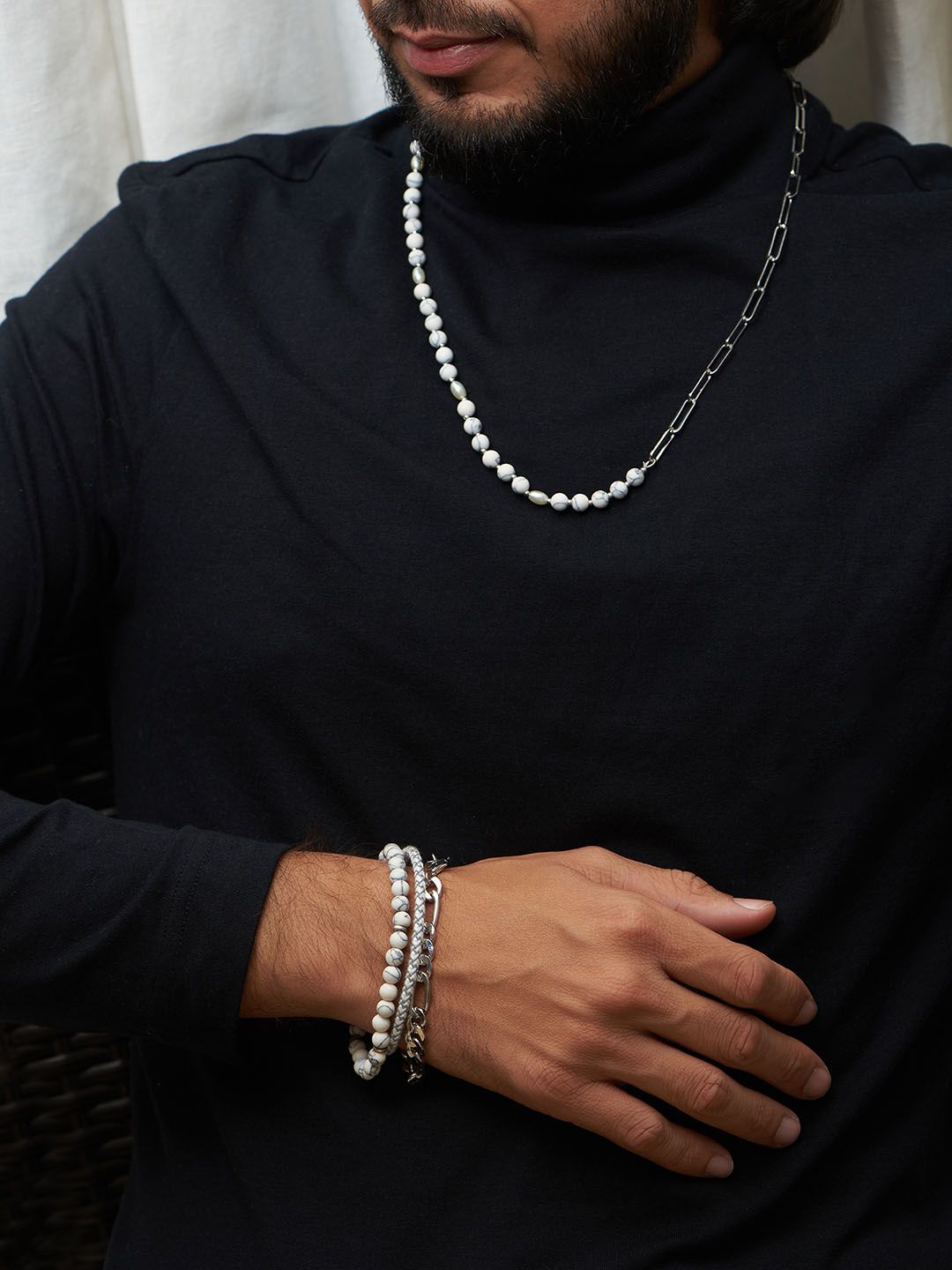 The Bro Code Set Of 4 Sliver-Plated & White Bead Studded Jewellery Set-image-14