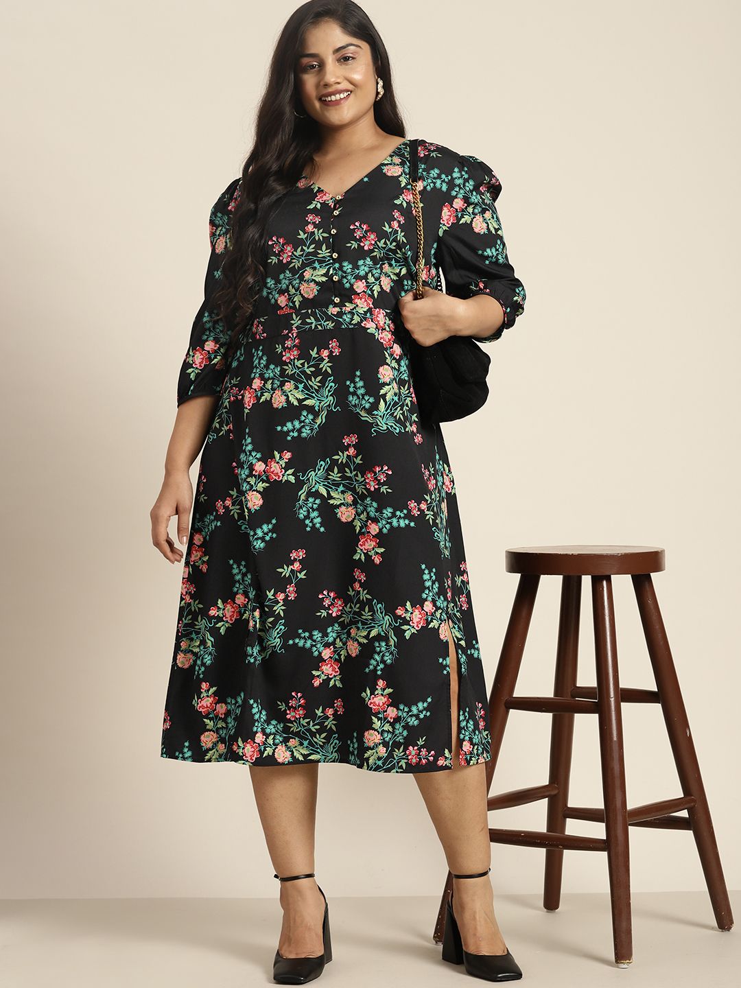 Sztori Plus Size Tropical Printed Puff Sleeves Slit Detail A-Line Midi Dress-picture-34