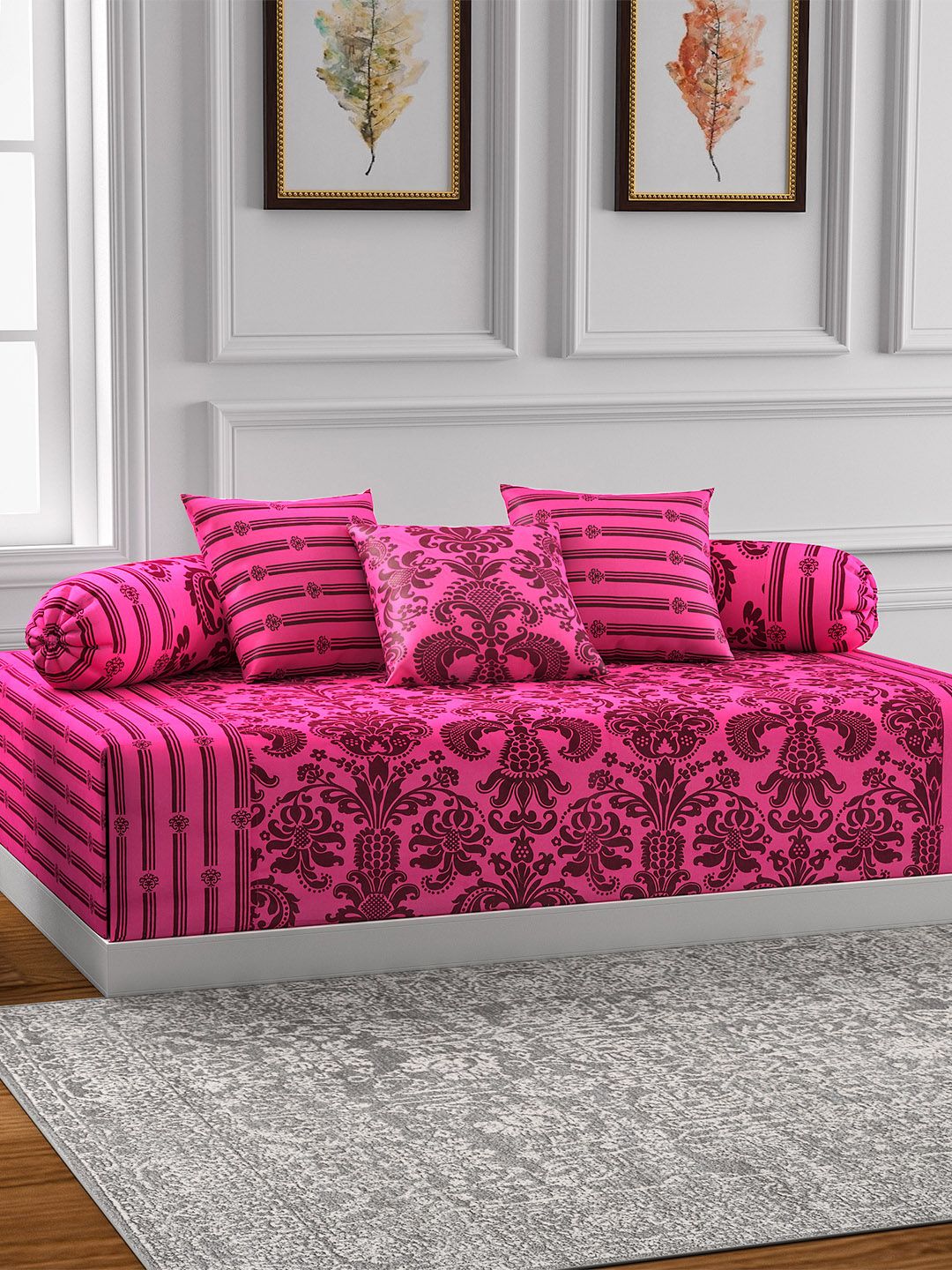 SWAYAM Magenta Printed Diwan Set with Bolster & Cushion Covers-image-24