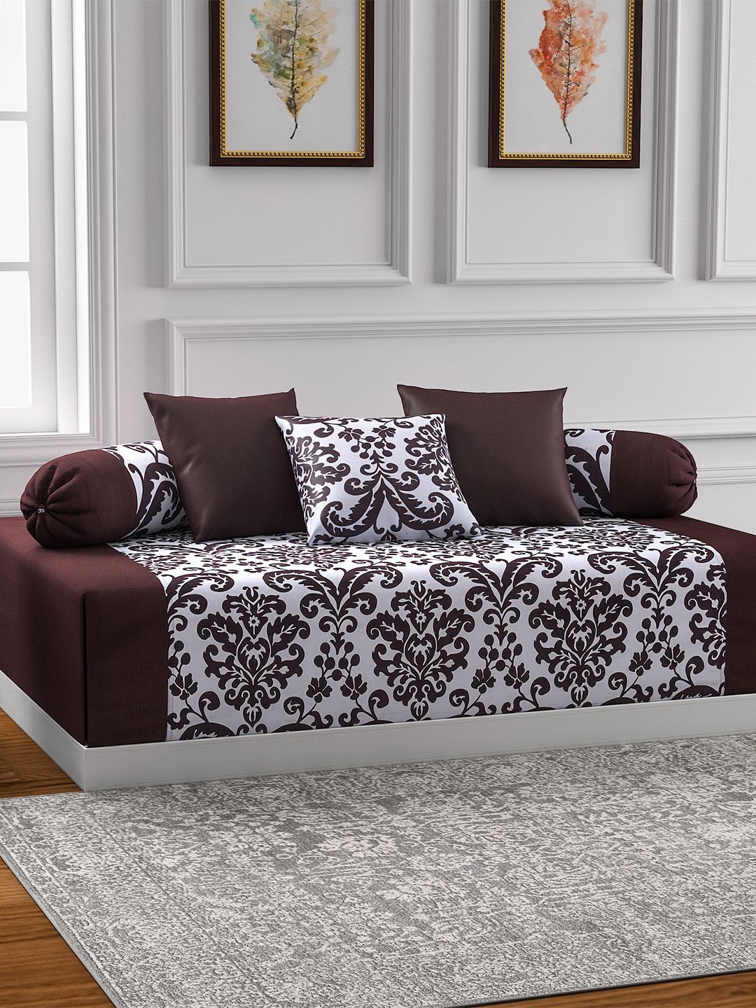 SWAYAM Brown & Off-White Printed Diwan Set with Bolster & Cushion Covers-image-44