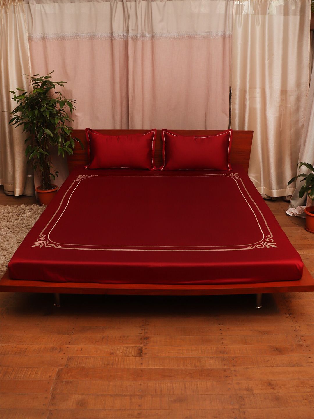 ZEBA Maroon & Brown King Cotton Bedsheet with 2 Pillow Covers-image-8