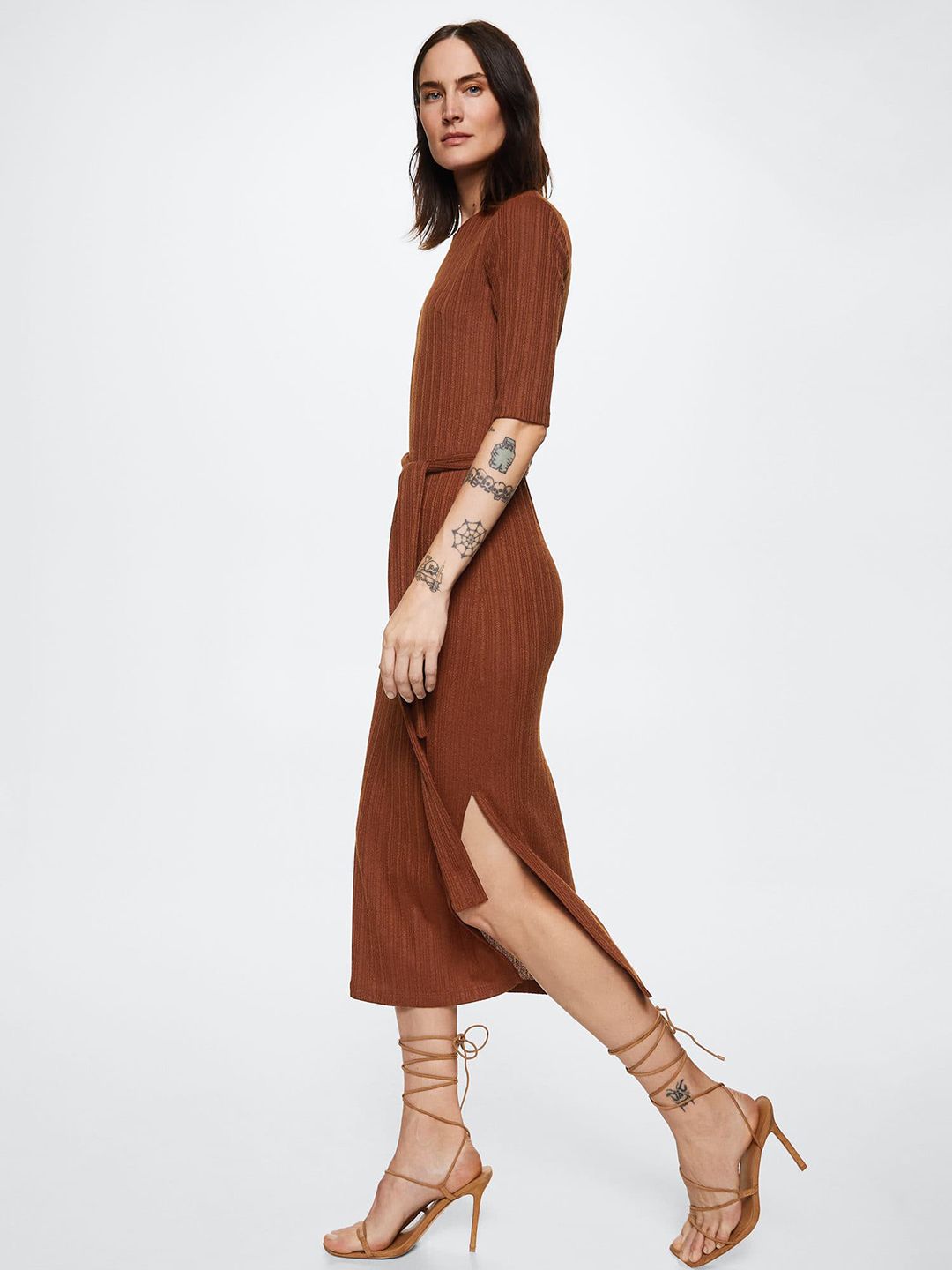 mango belt ribbed dress Ribbed knit dress with opening