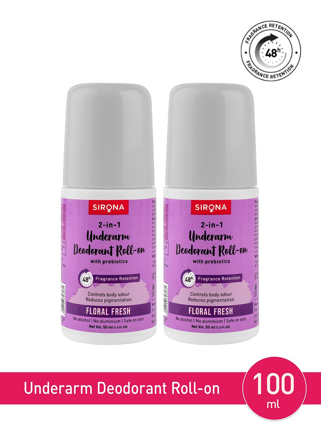 Sirona Set of 2 2-in-1 Underarm Roll On Deodorants with Prebiotics 50 ml Each-  Floral Fresh-image-2
