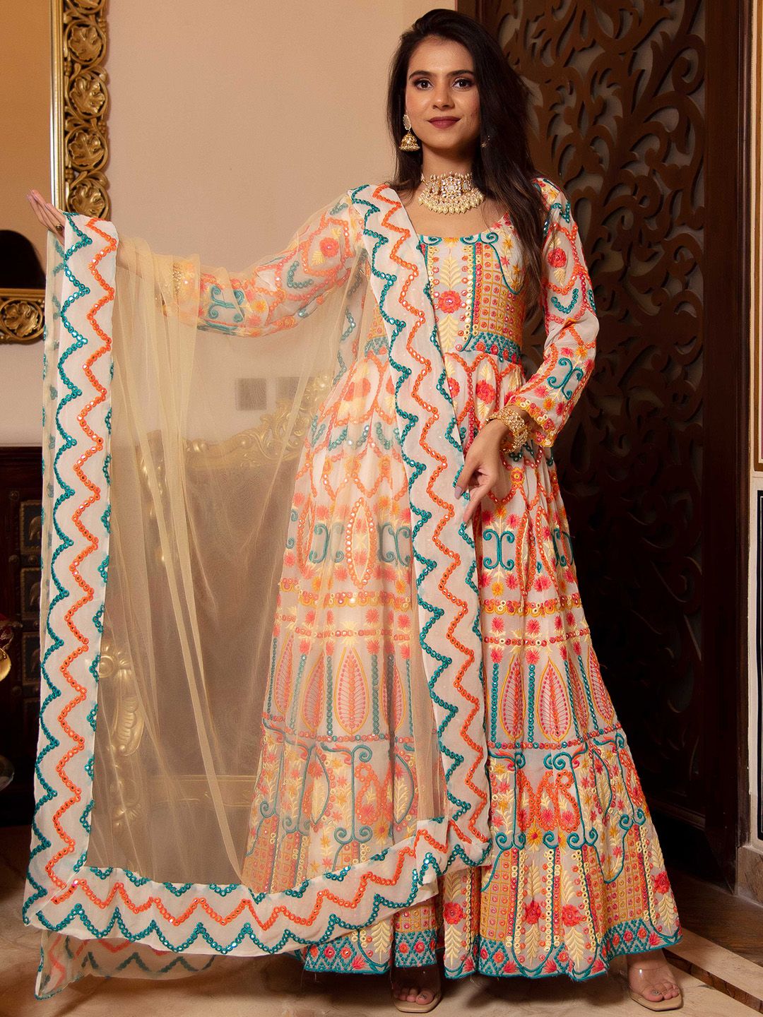 Calmna Women Off White & Peach Embroidered Georgette Anarkali Kurta With Dupatta-image-48