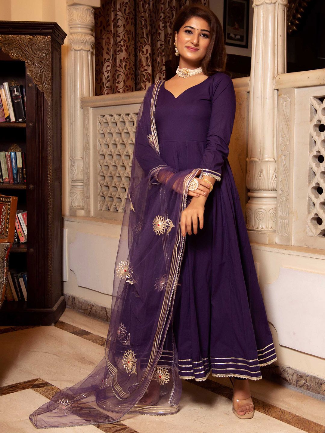 Calmna Women Purple & Gold Solid Anarkali Kurta with Trousers & With Dupatta-picture-41