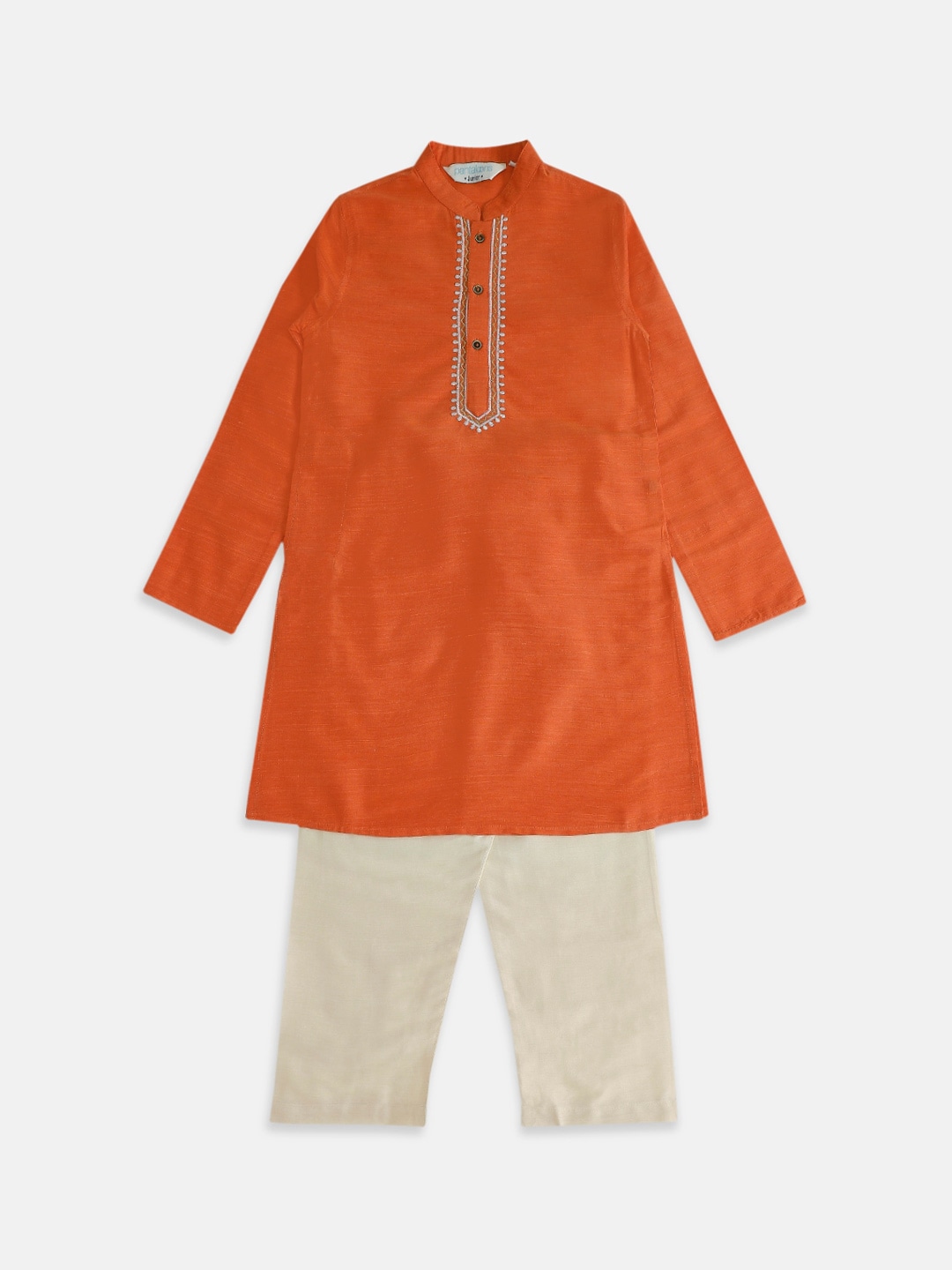 indus route by Pantaloons Boys Orange Thread Work Kurta with Pyjamas