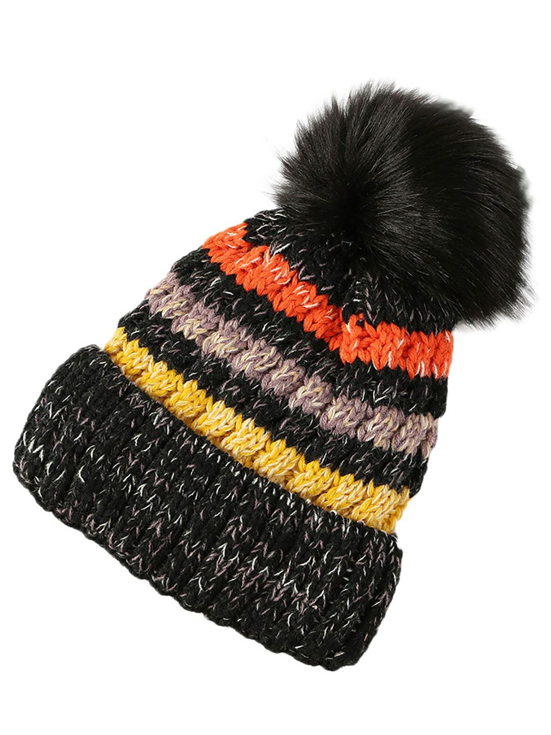 YOUSTYLO Adults Black & Yellow Self Design Woolen Winter Pompom Cap-picture-14