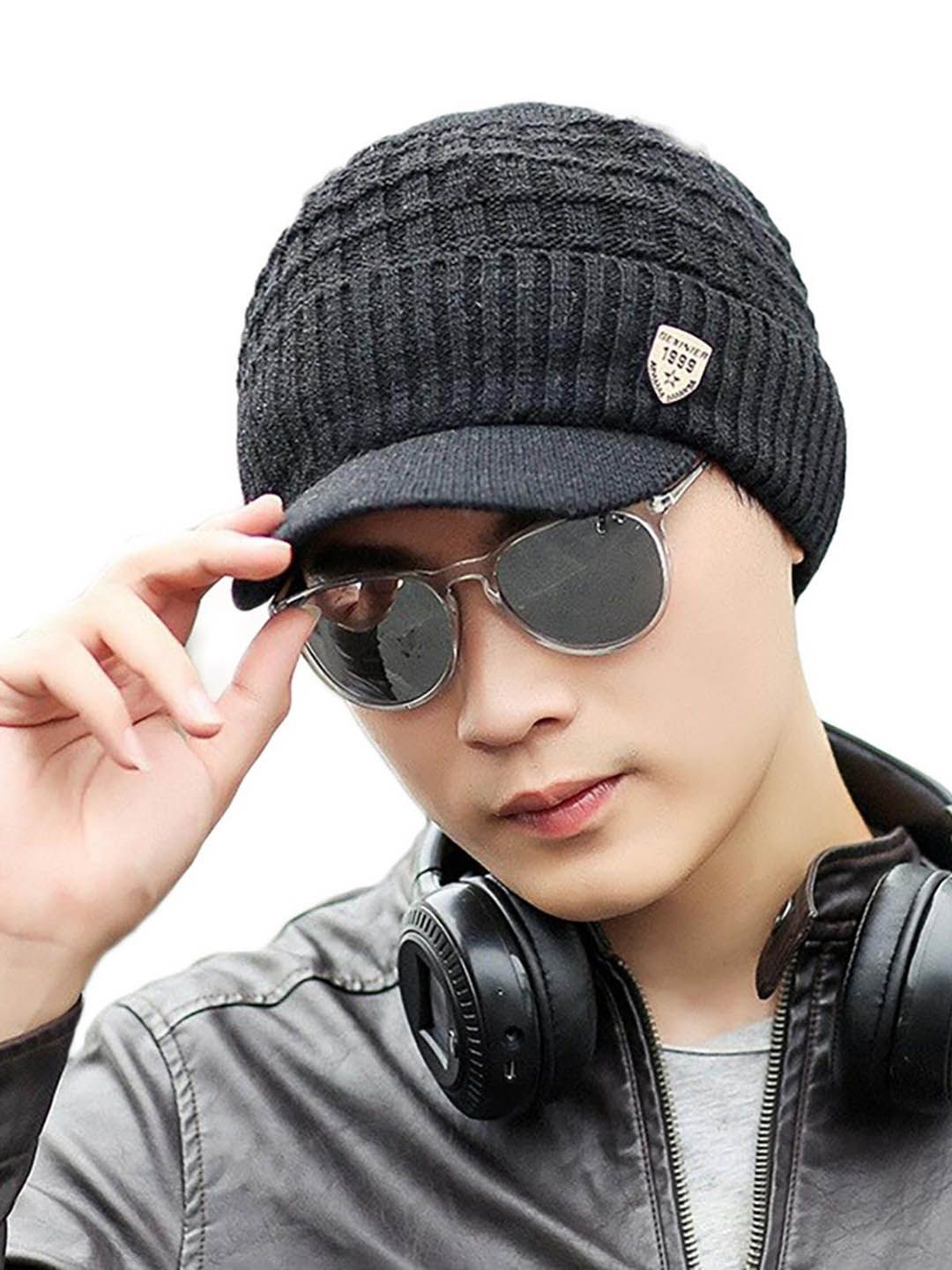 YOUSTYLO Adults Black Self Design Woolen Winter Visor Cap-picture-11