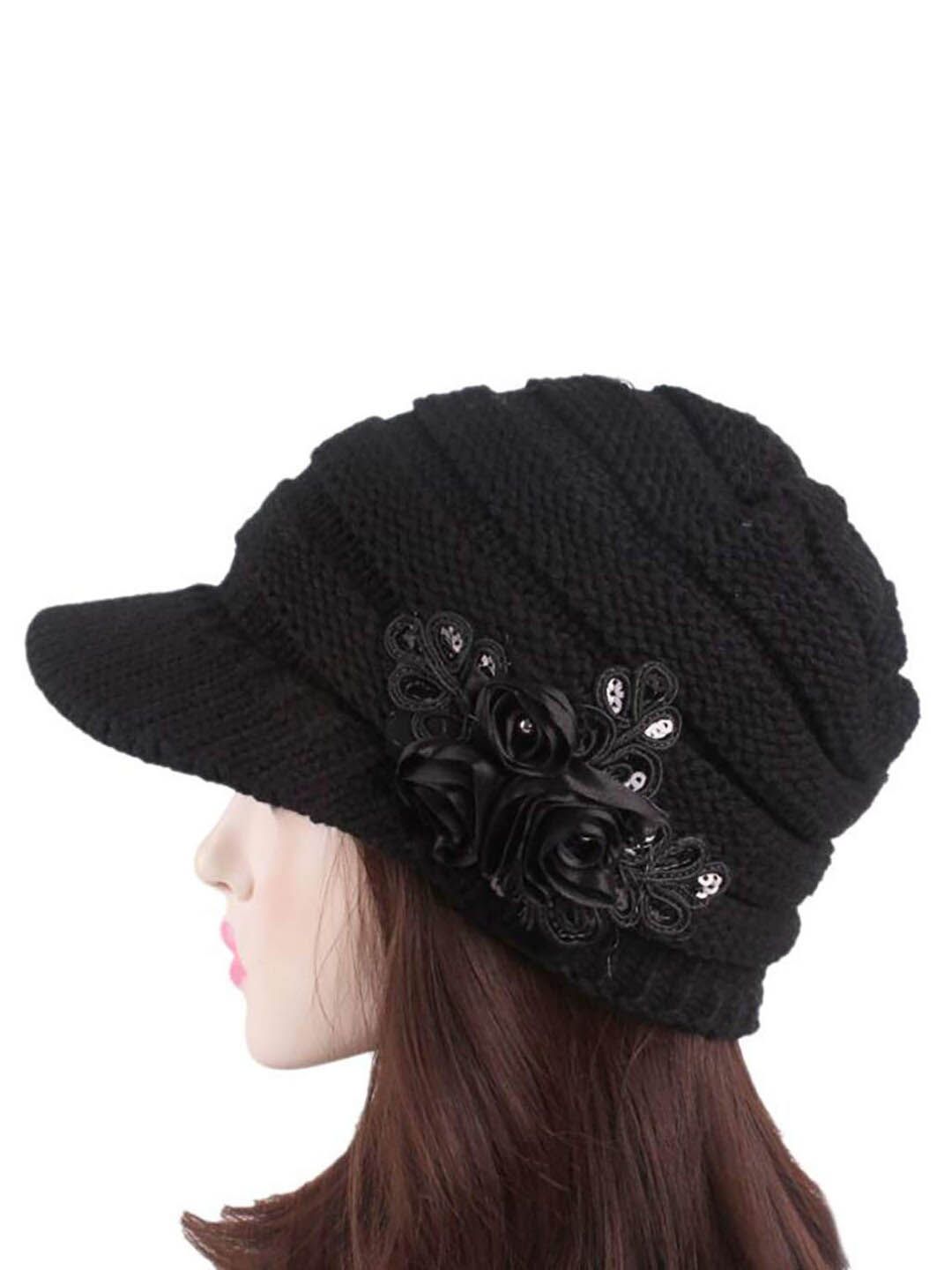 YOUSTYLO Adults Black Self Design Woolen Winter Visor Cap-picture-13