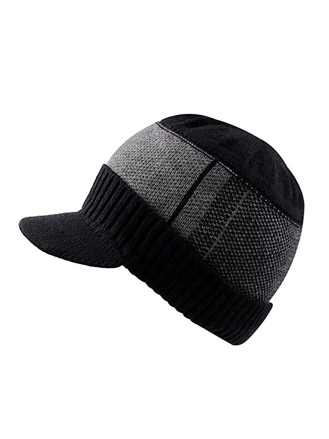 YOUSTYLO Adults Black & Grey Colourblocked Woolen Winter Visor Cap-picture-12