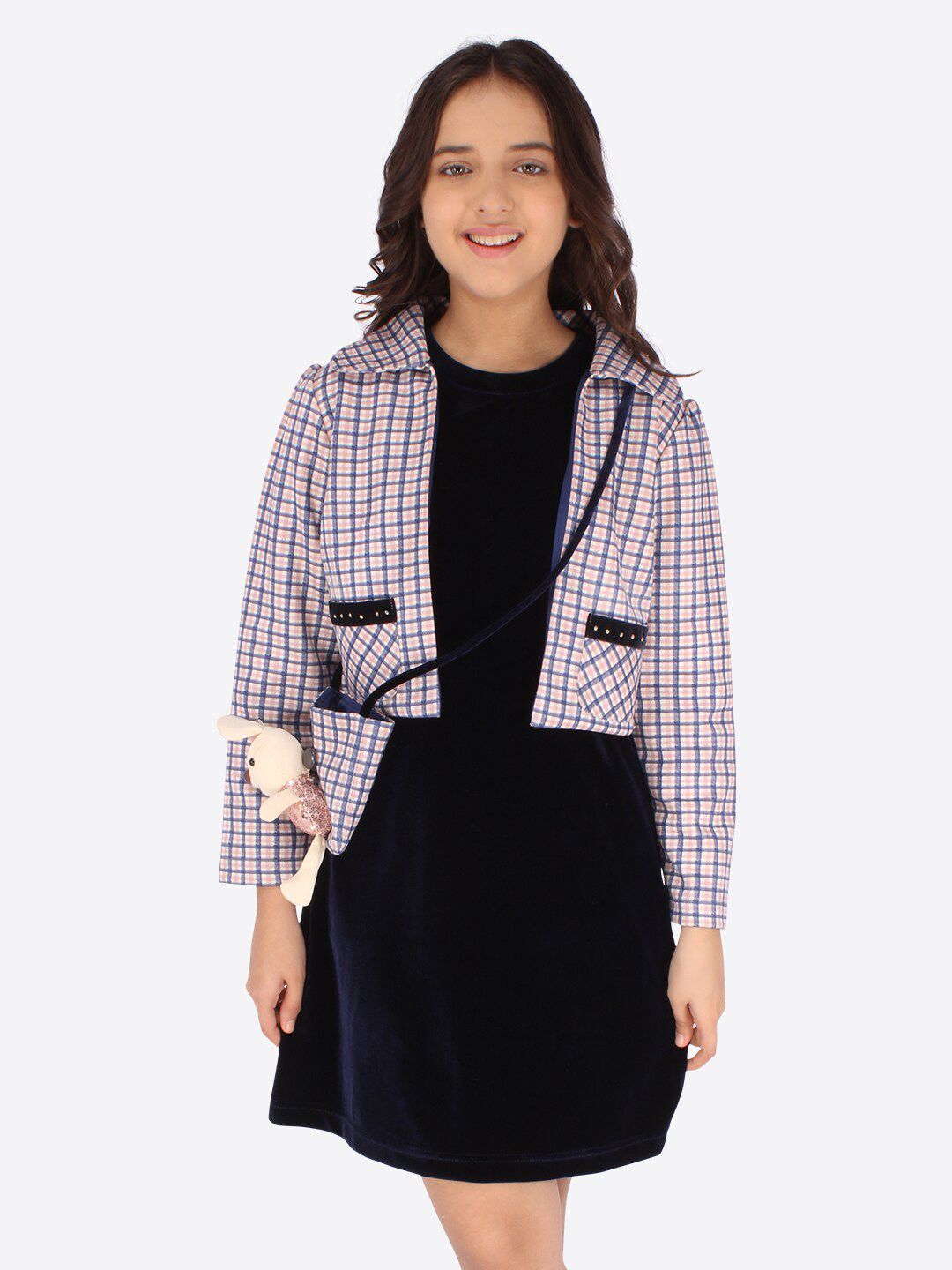 CUTECUMBER Navy Blue & White Solid Velvet A-Line Dress With Shrug-picture-48