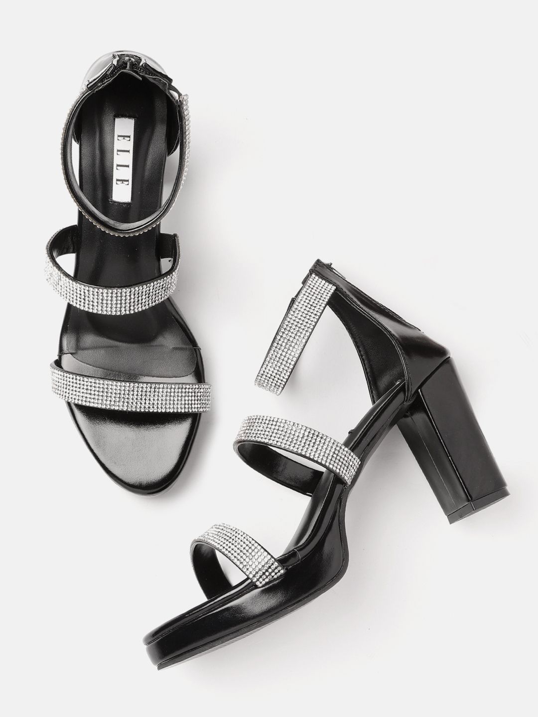 ELLE Women Black & Silver Embellished Party Block Heel Sandals-picture-10