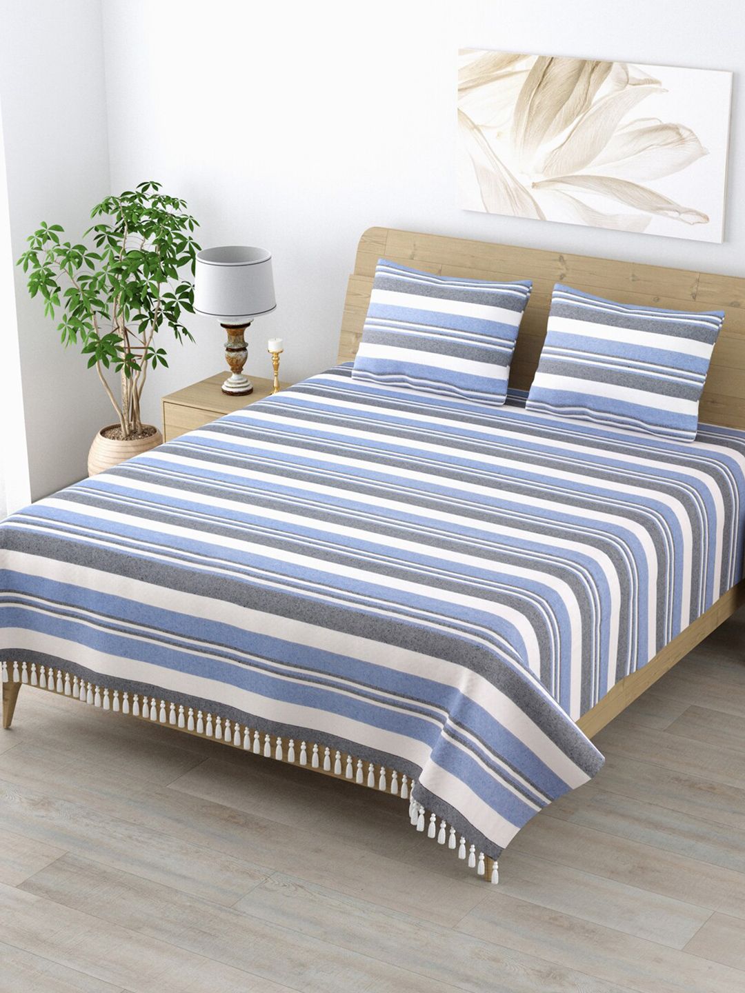 Varde Blue & White Striped 210 TC All Seasons Cotton King Bedsheet with 2 Pillow Covers-picture-23