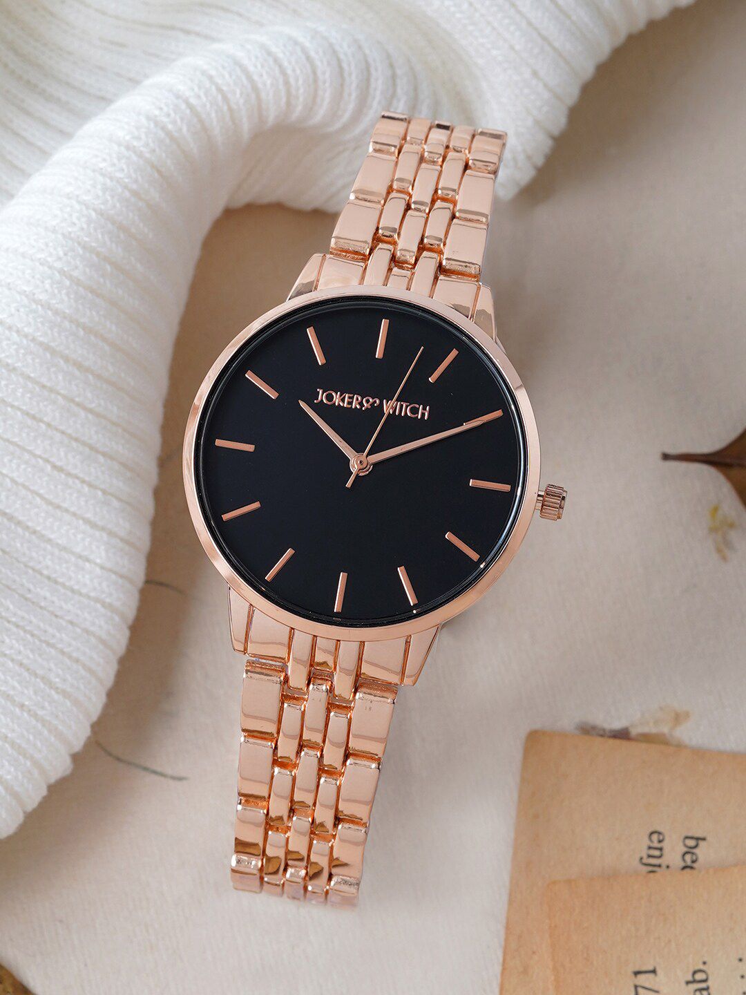 JOKER & WITCH Women Black Printed Dial & Rose Gold Toned Bracelet Style Straps Analogue Watch-image-3