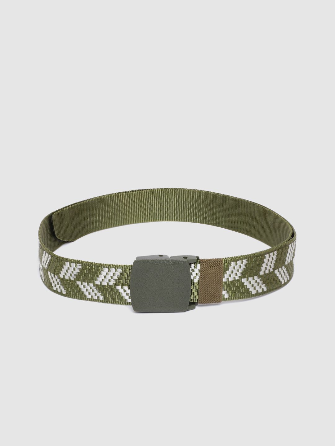 HIGHLANDER Men Olive Green & Silver Woven Design Belt-picture-41