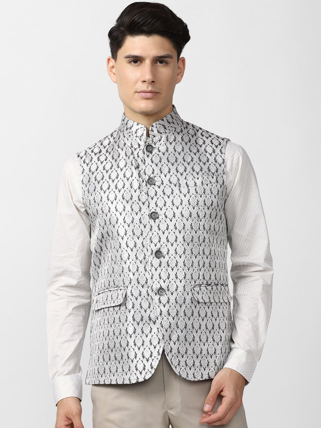 Peter England Elite Men Grey Printed Nehru Jackets
