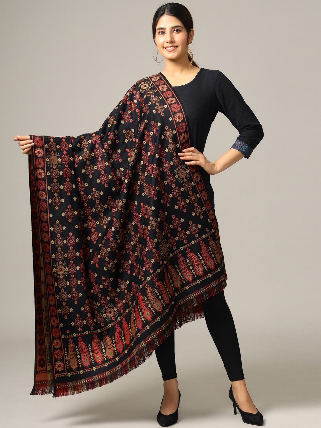 HANDICRAFT PALACE Women Black & Red Woven-Design Shawl-picture-20