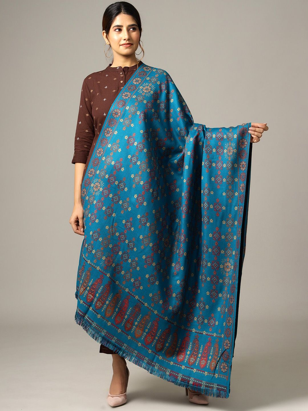 HANDICRAFT PALACE Women Turquoise Blue & Red Woven Design Shawl-picture-24