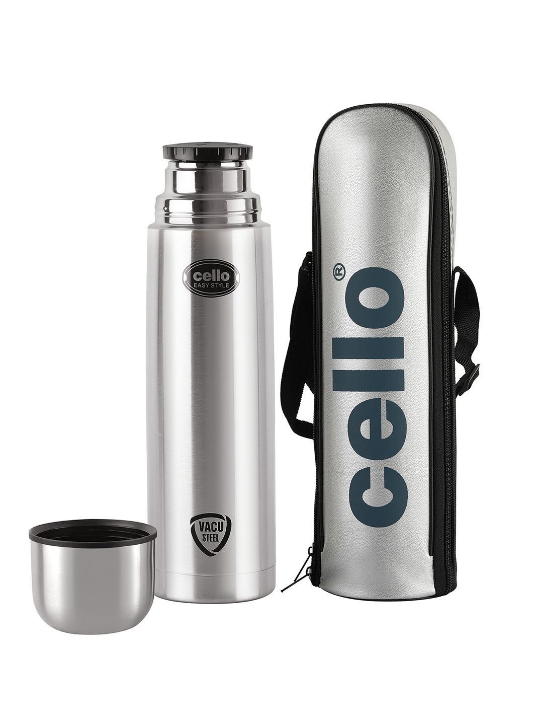 Cello Silver-Toned Easy Style Double Walled Hot or Cold Water Bottle with Jacket 1 Litre