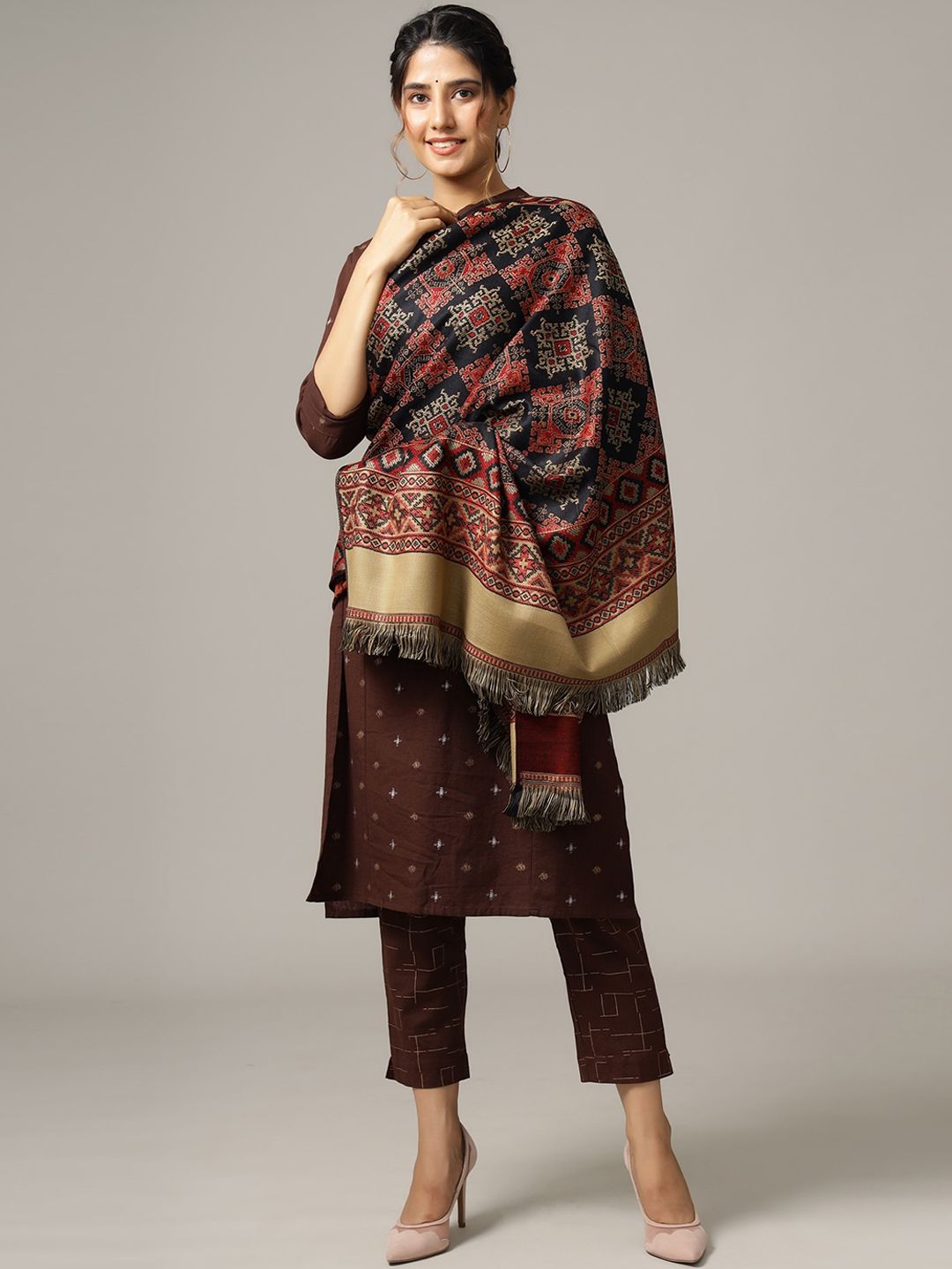 HANDICRAFT PALACE Women Black & Red Woven Design Jamawar Shawl-picture-23