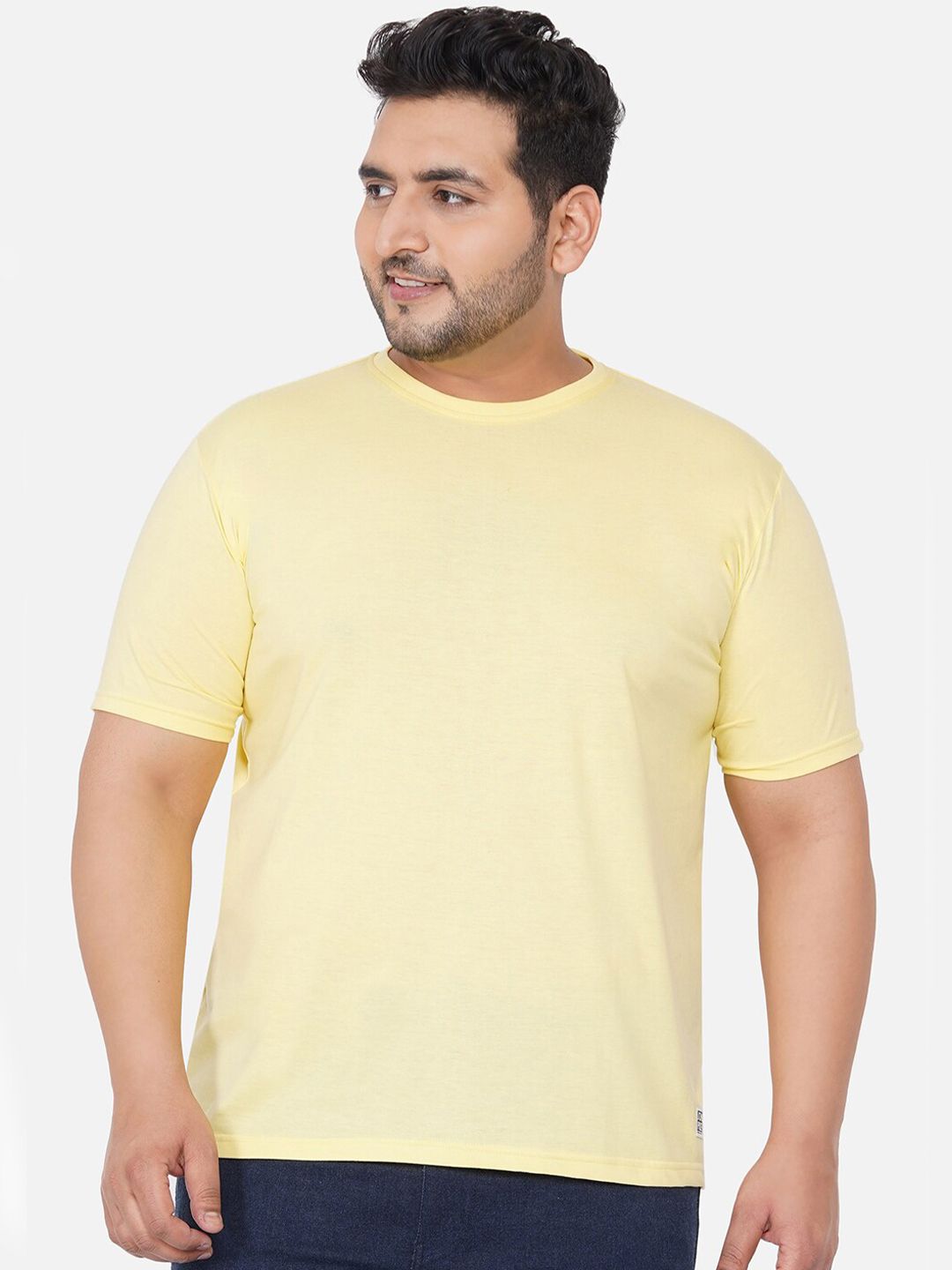 John Pride Plus Size Men Yellow Solid Cotton T-shirt-image-2
