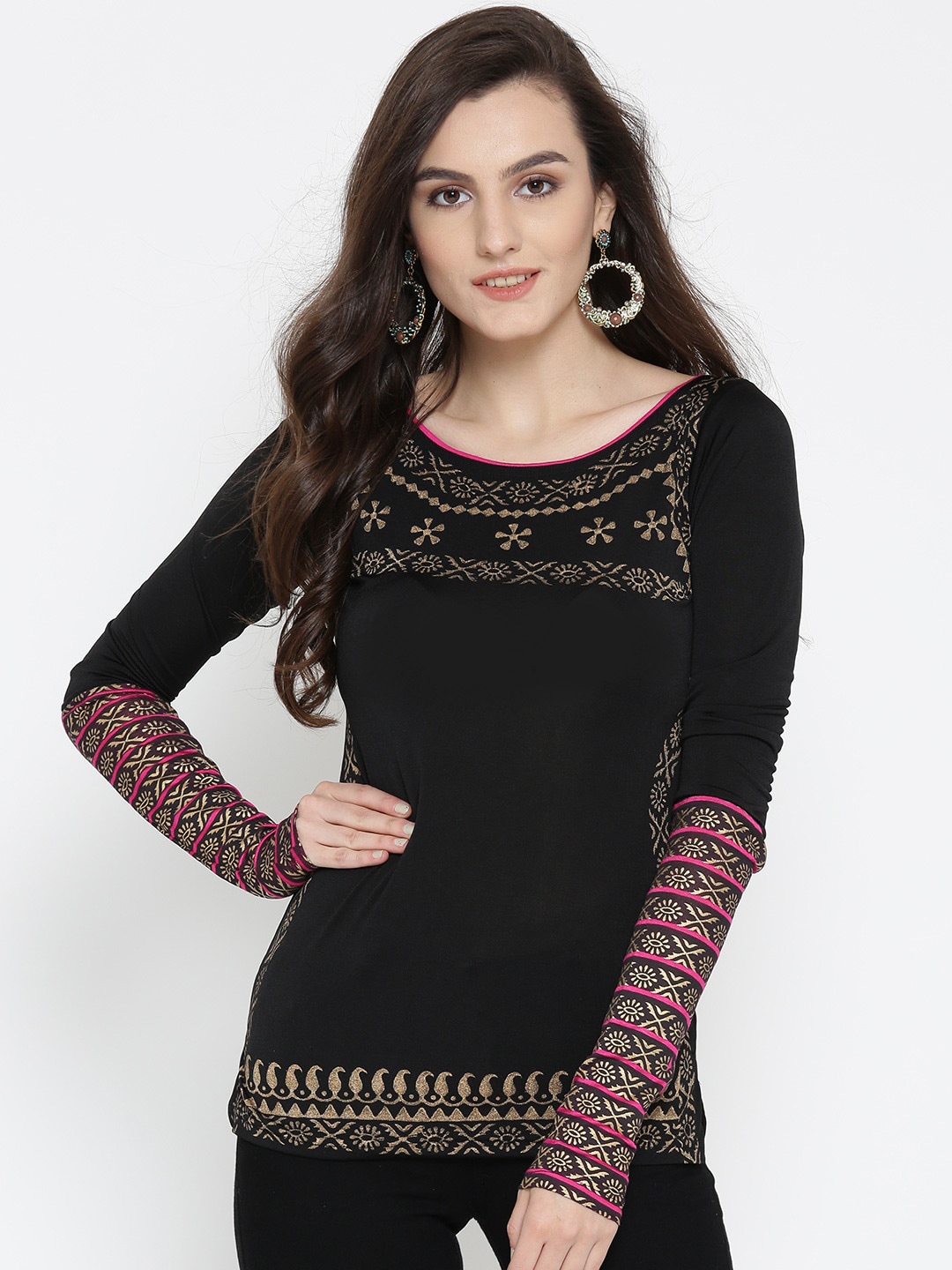 Ira Soleil Women Black Printed Fitted Top
