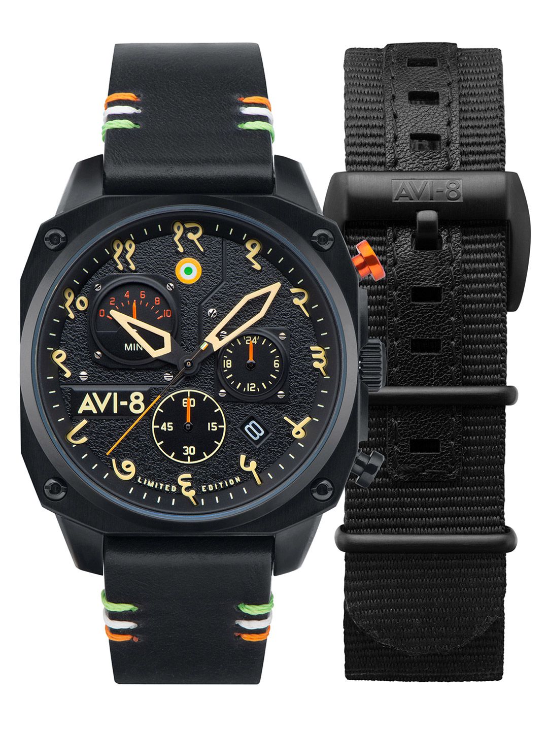 AVI 8 Men Black Brass Dial Leather Straps Analogue Chronograph