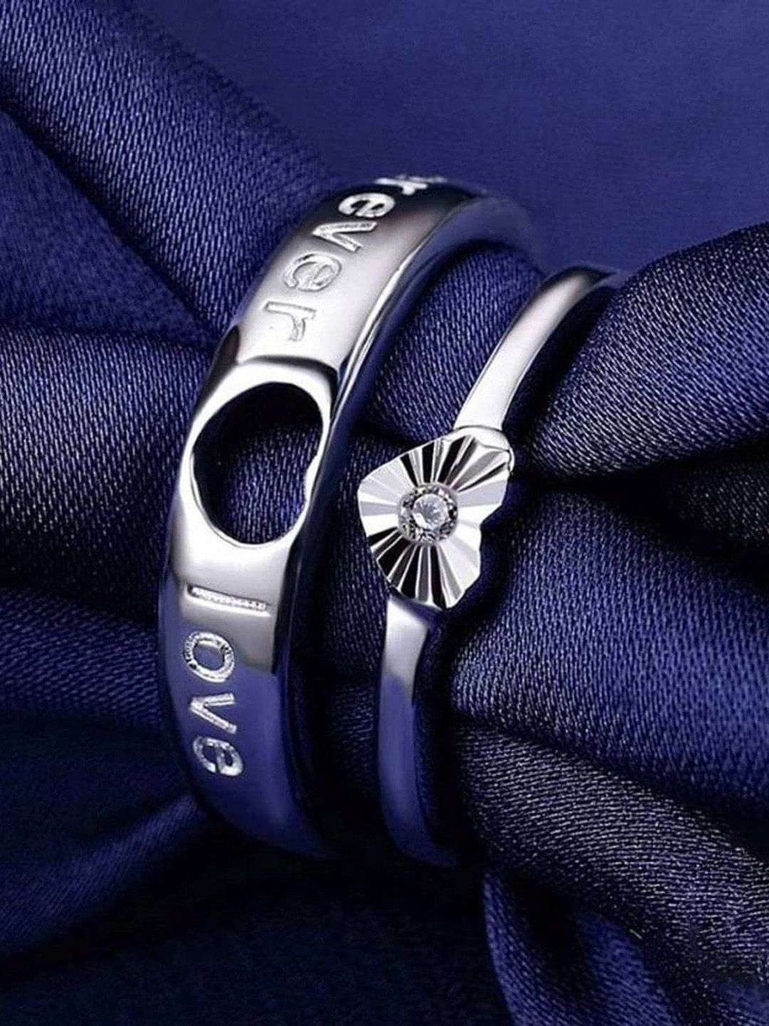 Fashion Frill Set Of 2 Silver-Plated & White Crystal-Studded Couple Adjustable Finger Ring