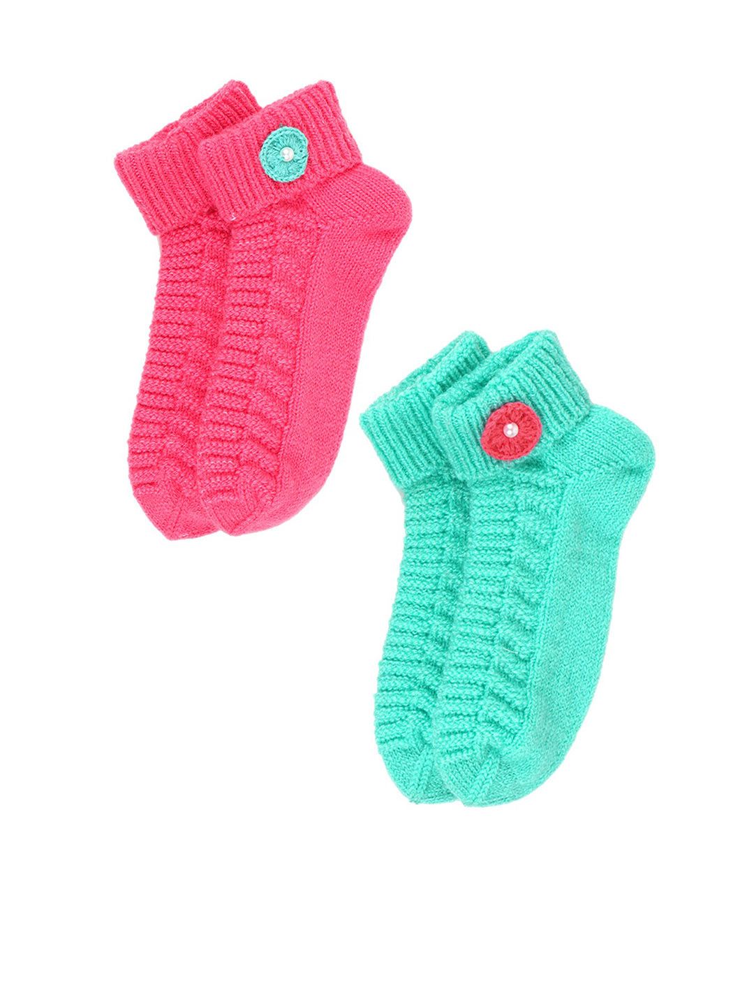 Bharatasya Girls Pack Of 2 Pink & Turquoise Blue Self Design Acrylic Ankle-Length Socks-picture-49